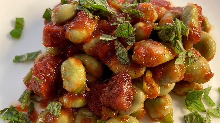 broad bean and chorizo with tiptree tomato ketchup