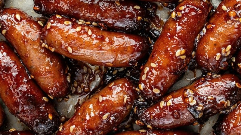 Sticky Damson and Sesame Sausages