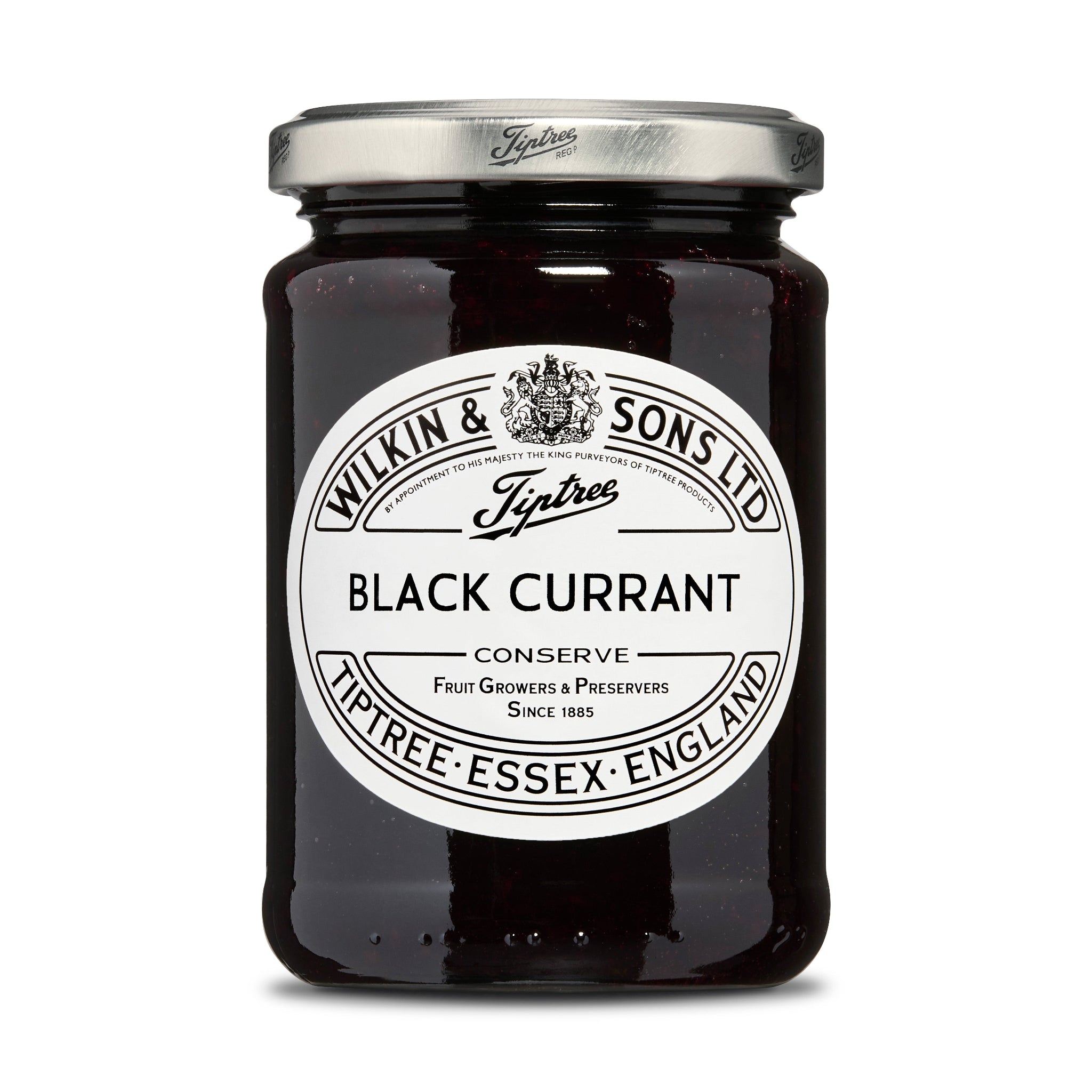 Jar of black currant conserve with a white label on a white background