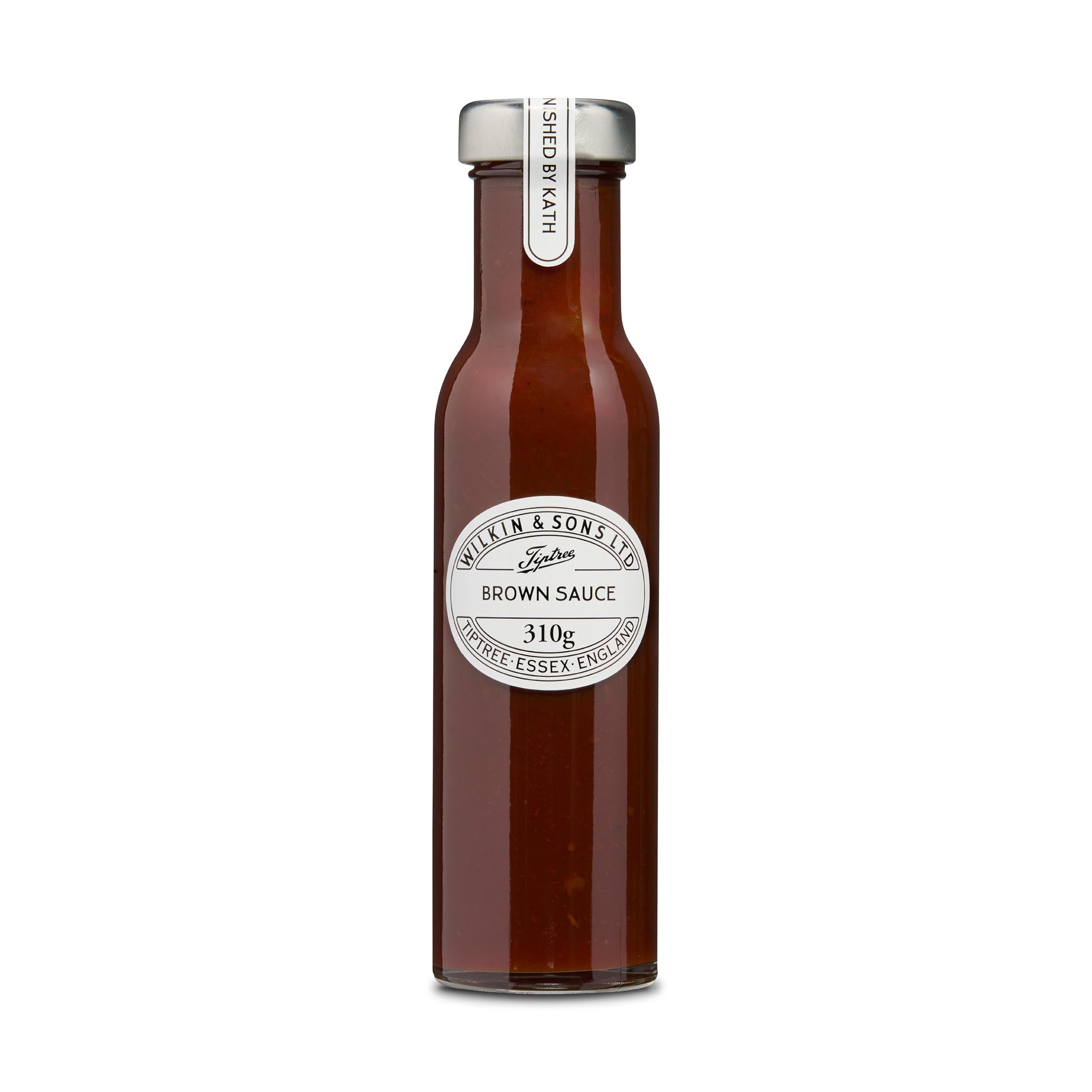 A bottle of Tiptree brown sauce on a white background.
