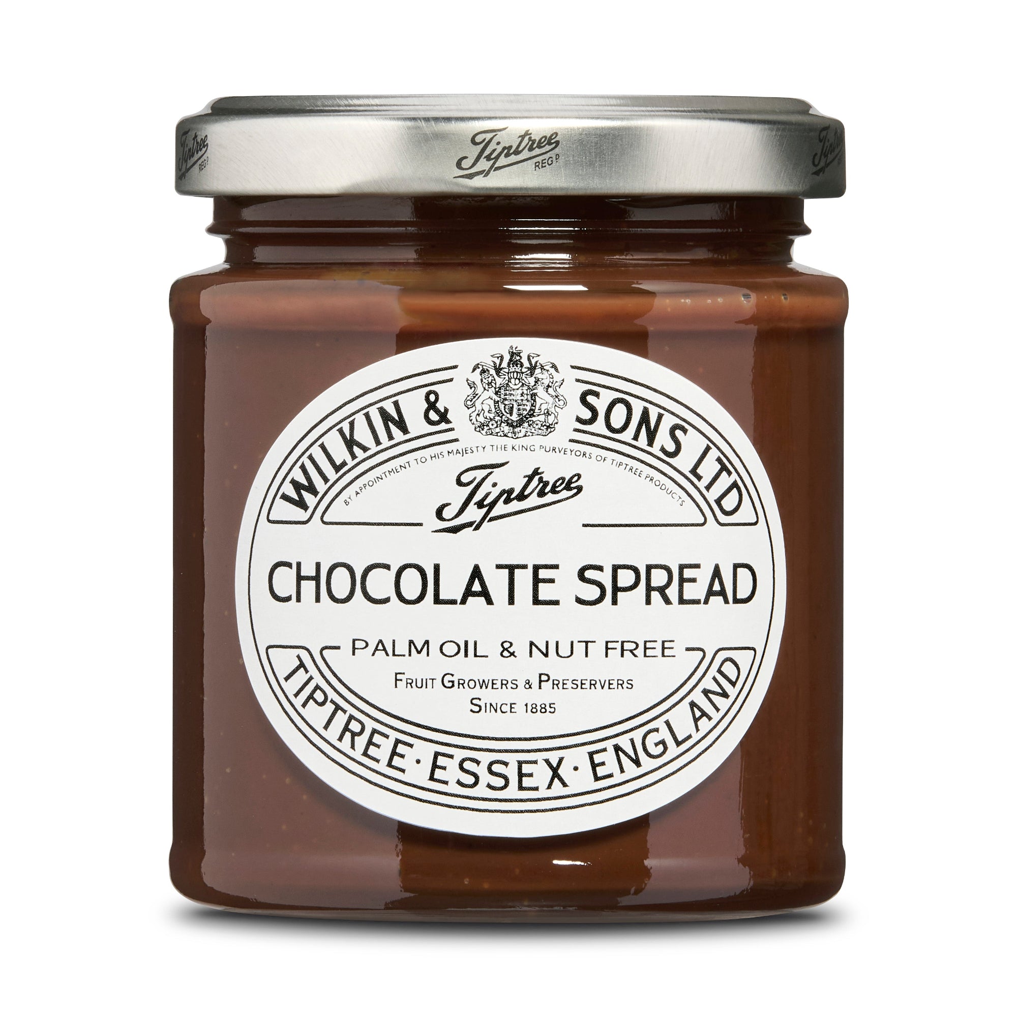 Jar of chocolate spread with a white label on a white background