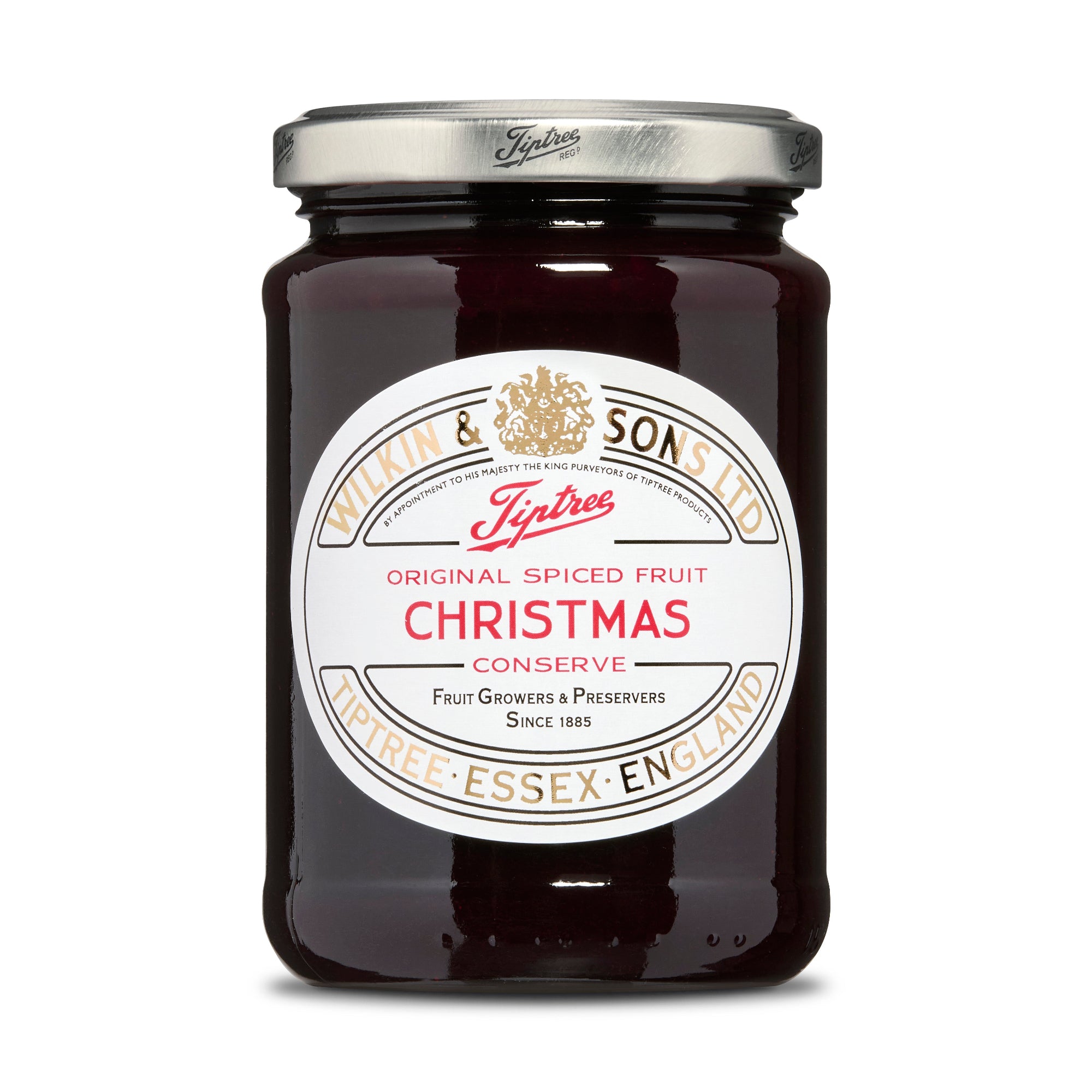Jar of Tiptree Christmas Conserve with a white label on a white background
