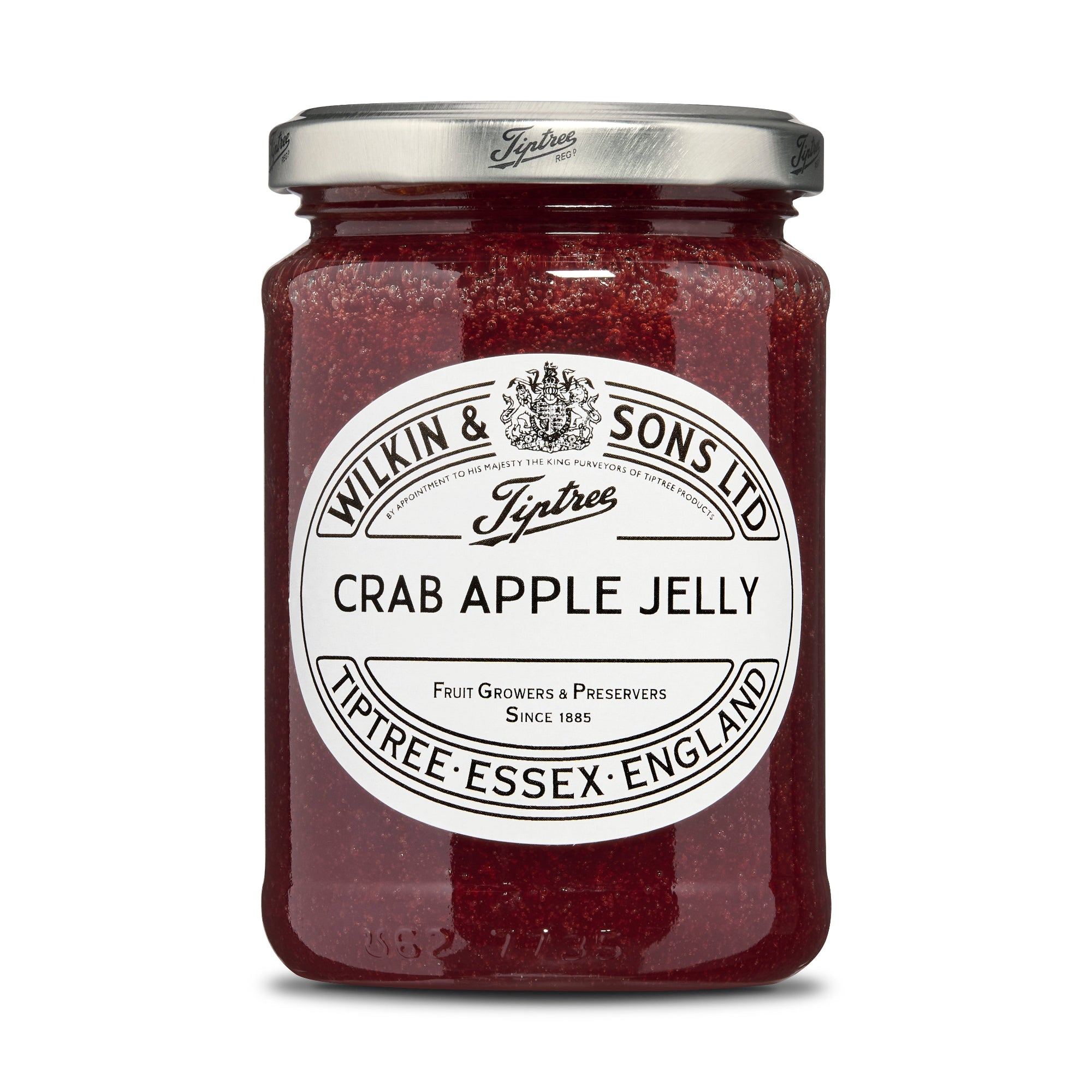Jar of crab apple jelly with a Tiptree label on a white background