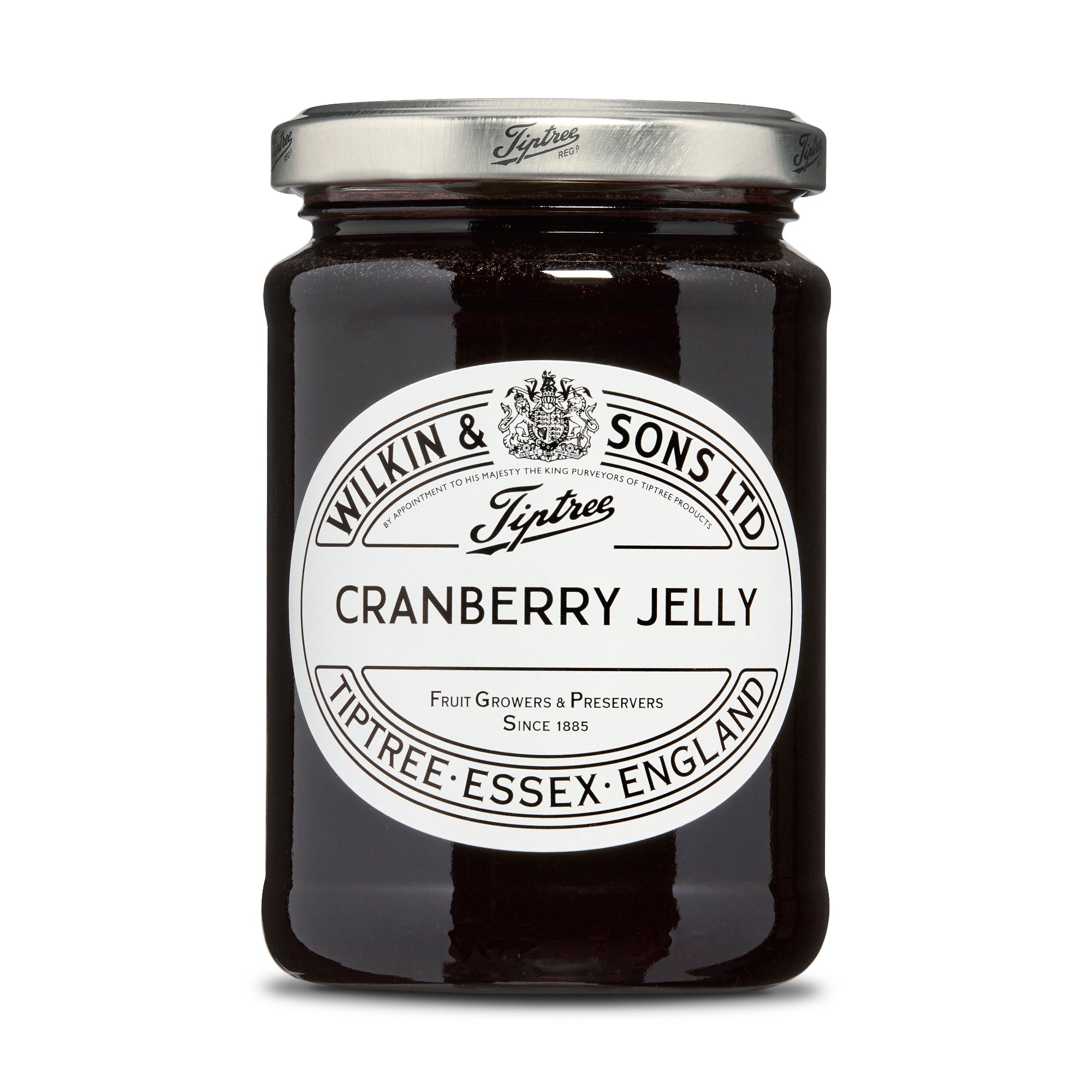 Jar of cranberry jelly with a Tiptree label on a white background