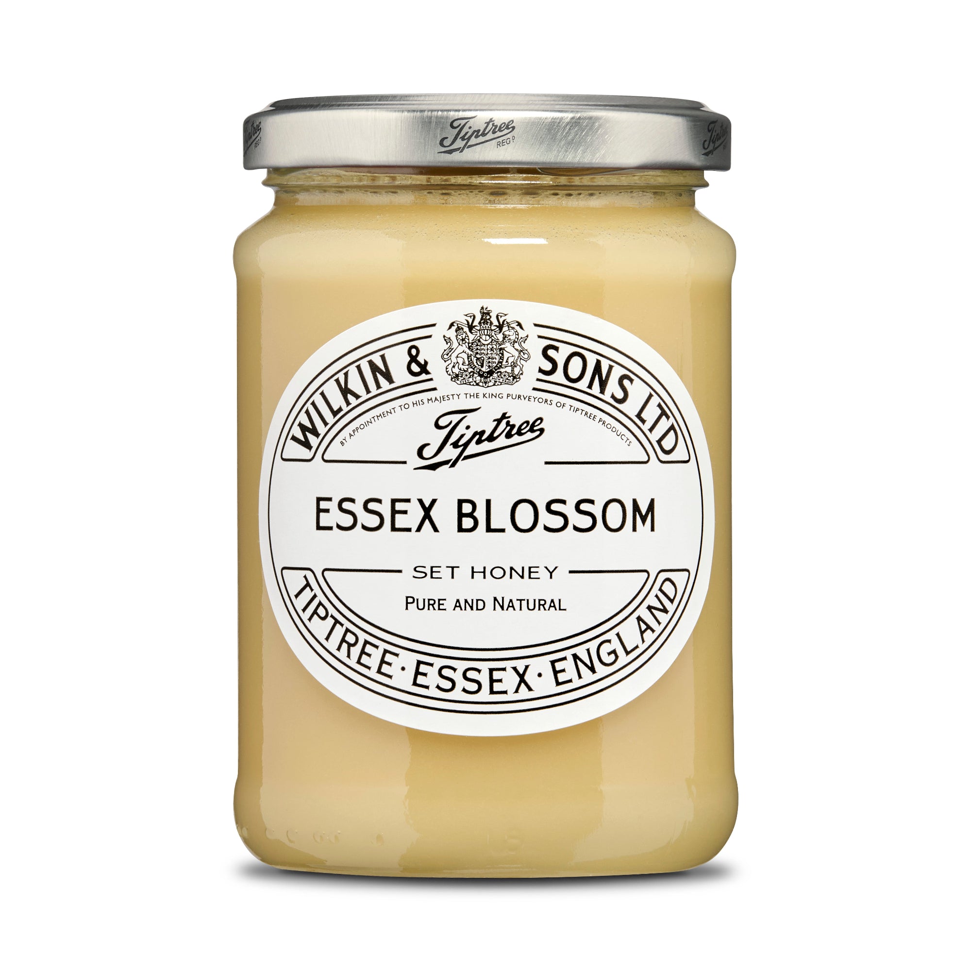 Jar of Wilkin & Sons Ltd Tiptree Essex Blossom honey on a white background
