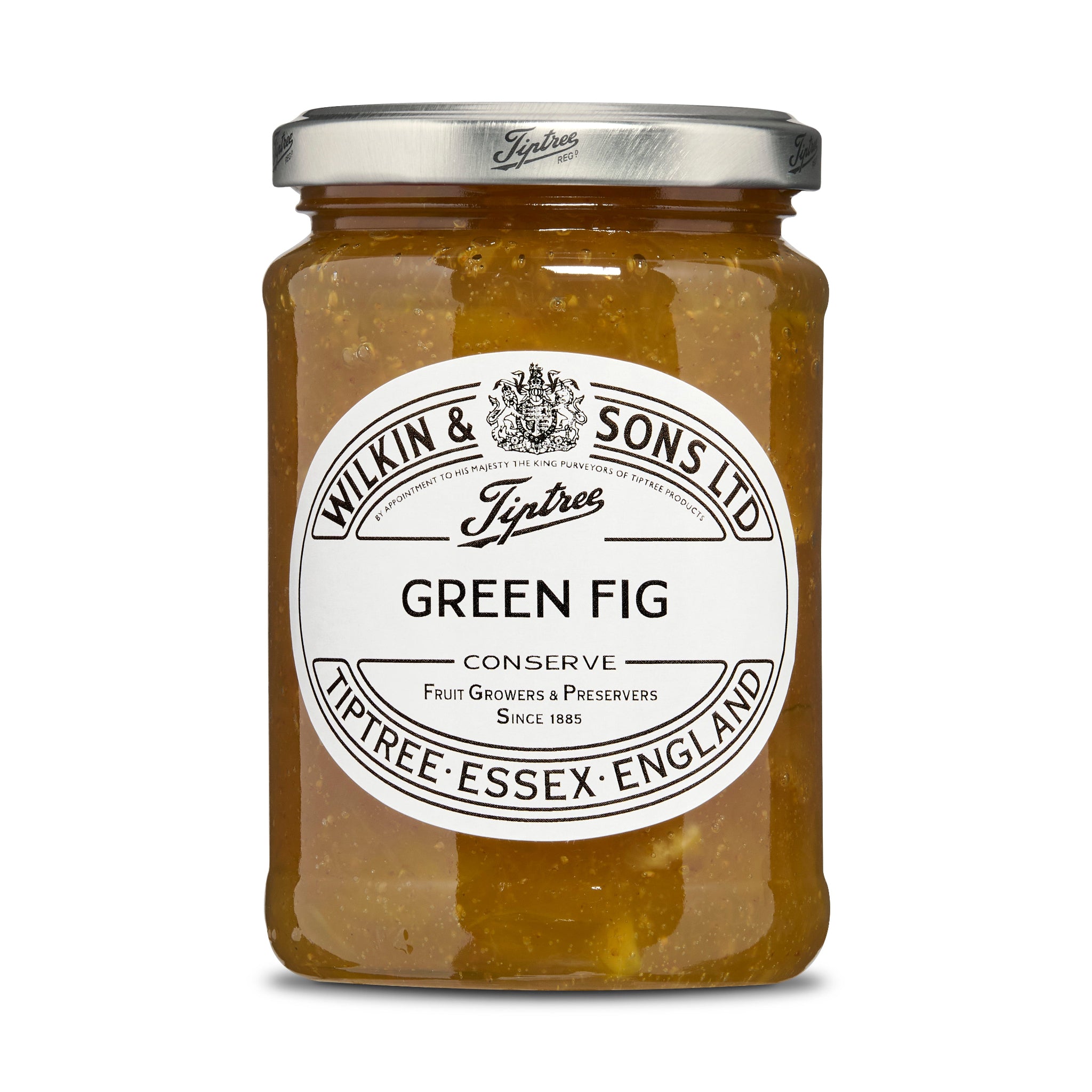 Jar of green fig conserve with a white label on a white background