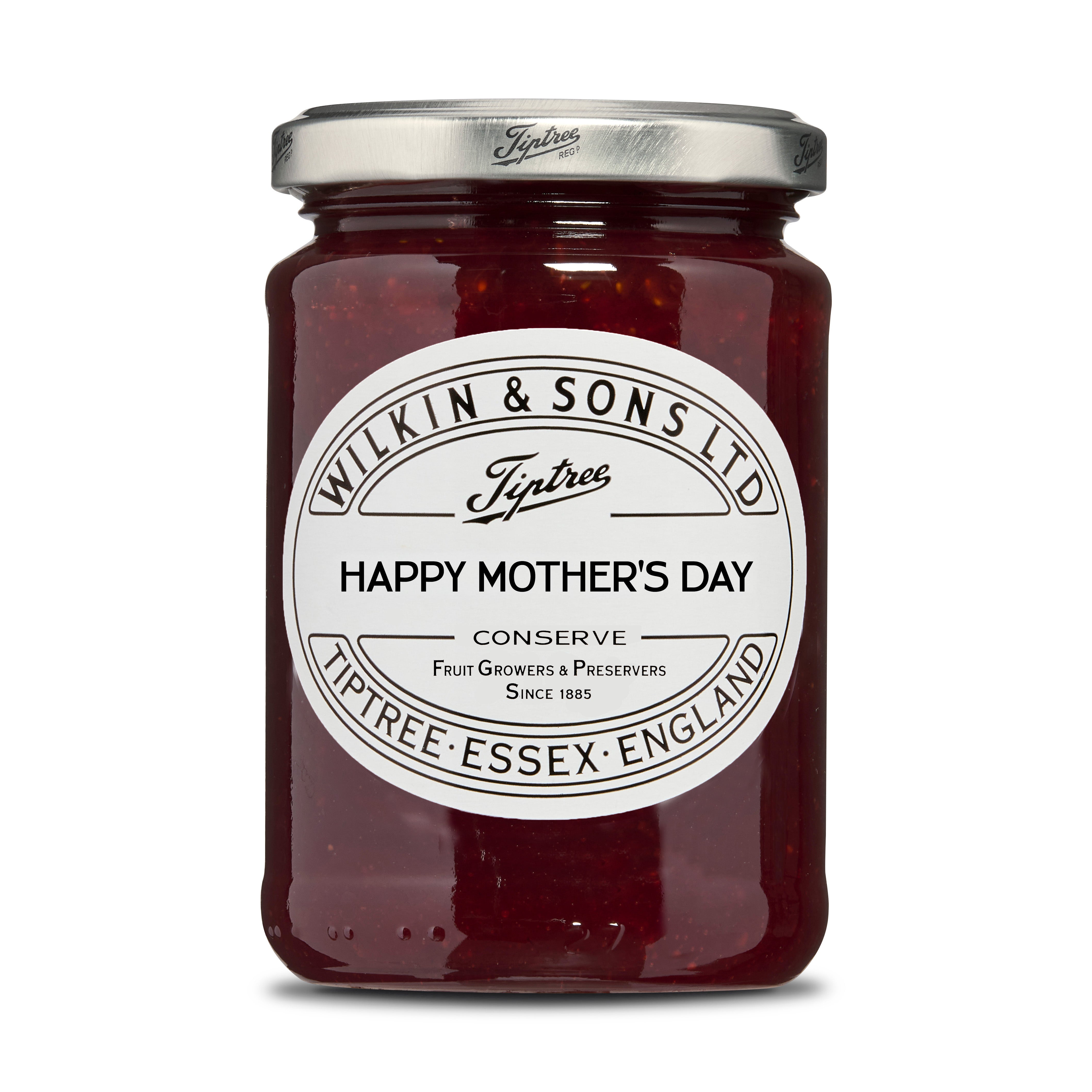 A jar of Tiptree Strawberry conserve with a custom label saying "Happy Mother's Day"