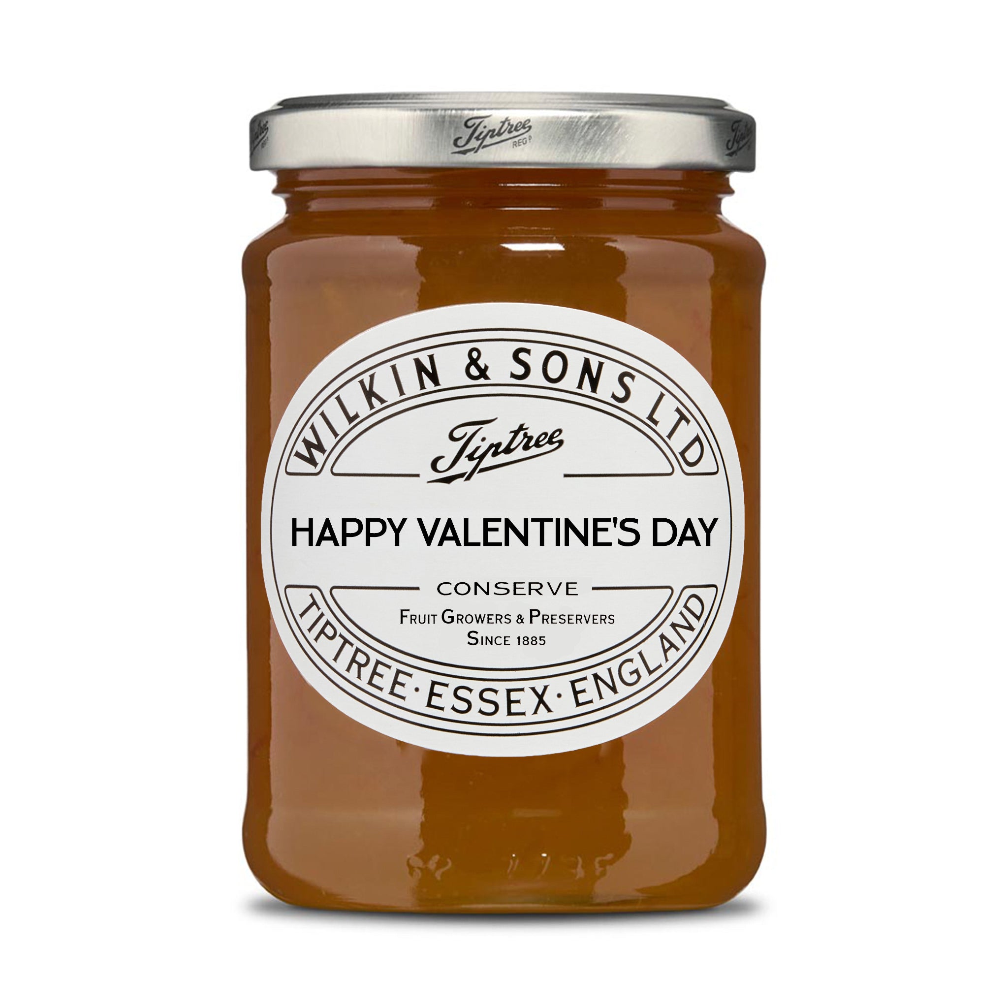 Jar of Tiptree marmalade with a Happy Valentines Day label on a white background