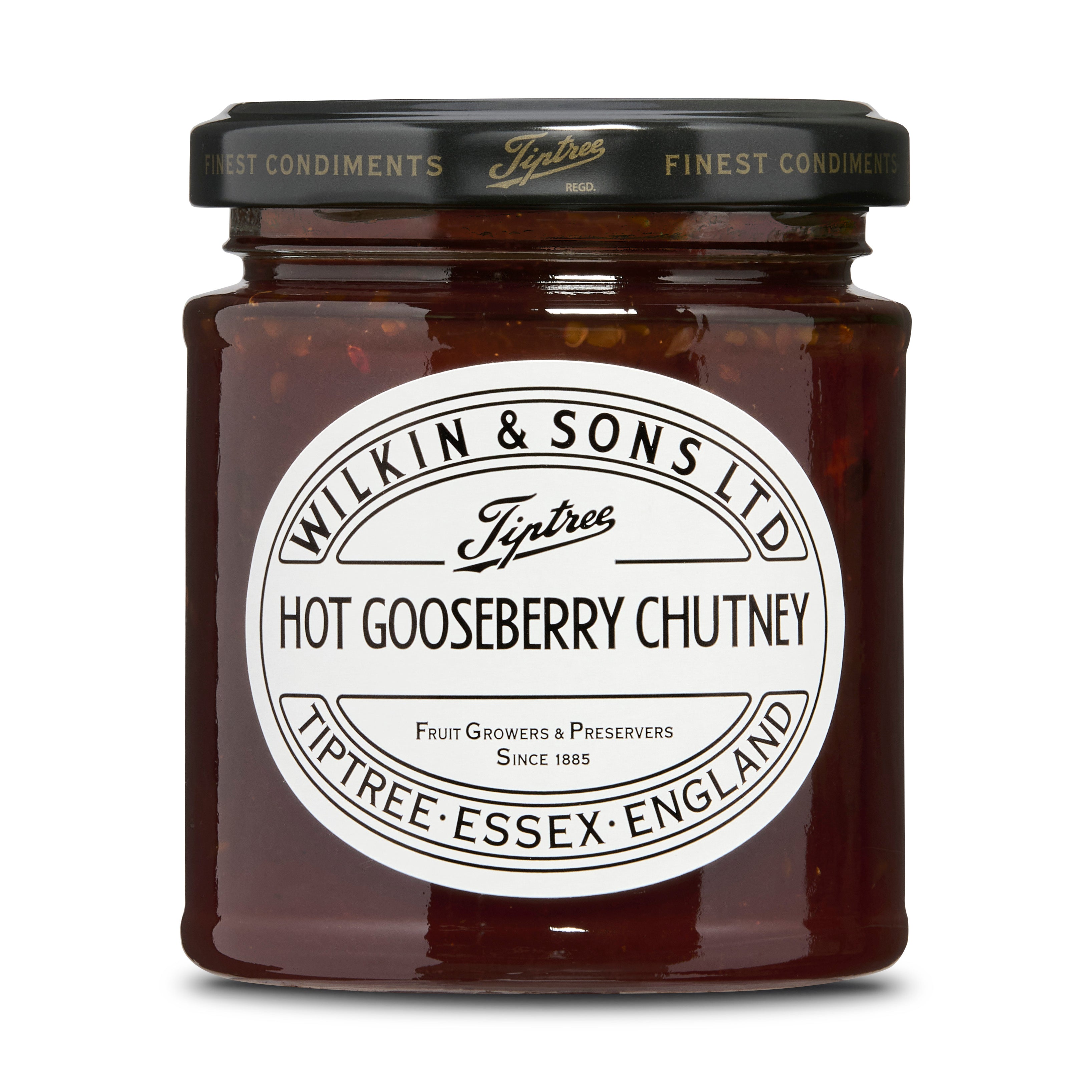 Jar of Tiptree Hot Gooseberry Chutney with a white label on a white background