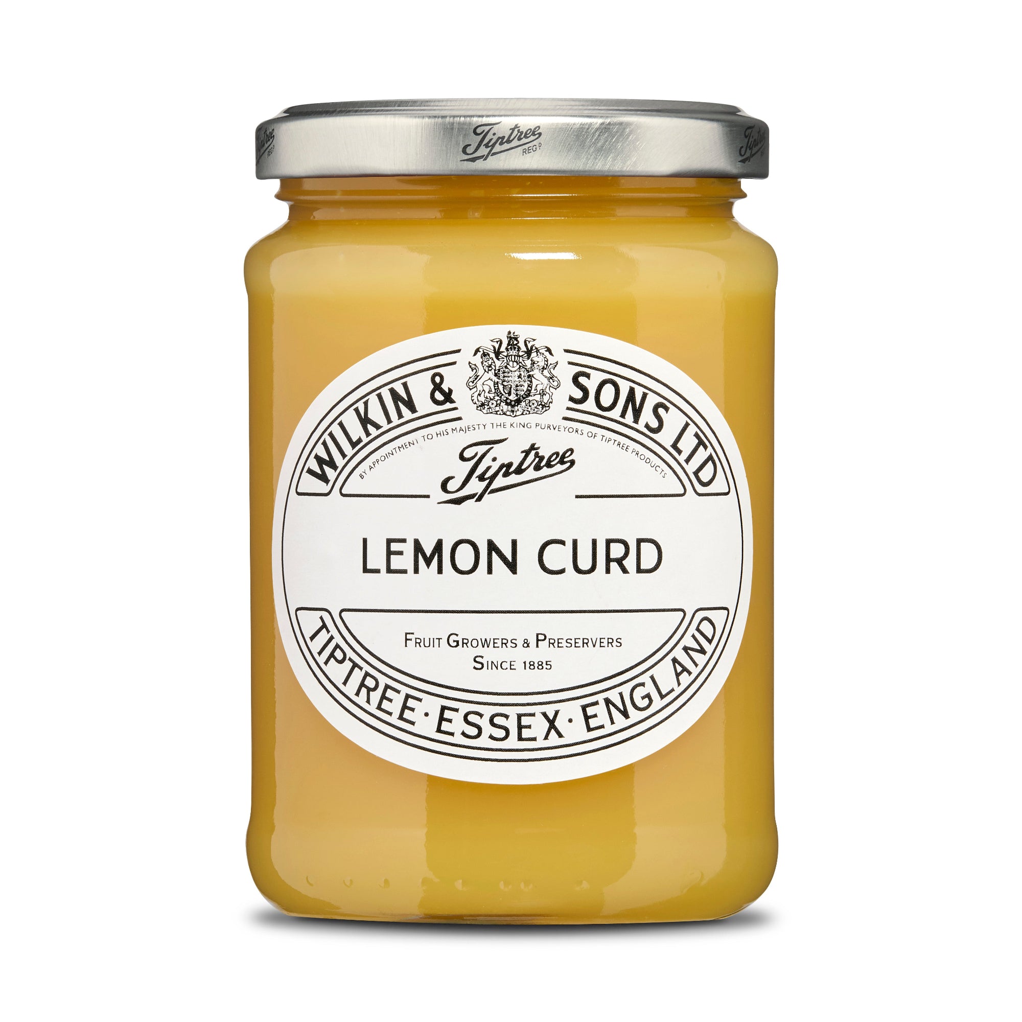 Jar of lemon curd with a Tiptree label on a white background