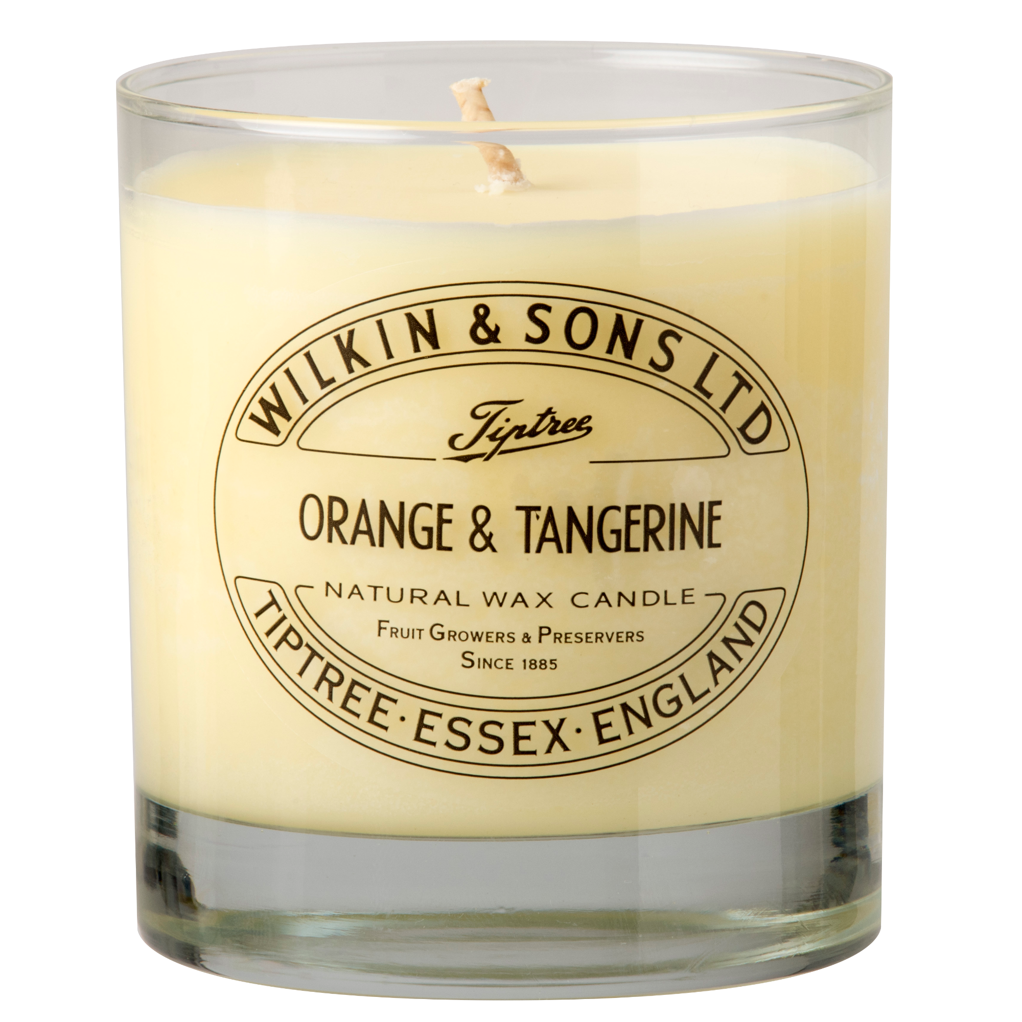 A Wilkin & Sons Orange and Tangerine scented candle in a glass jar.