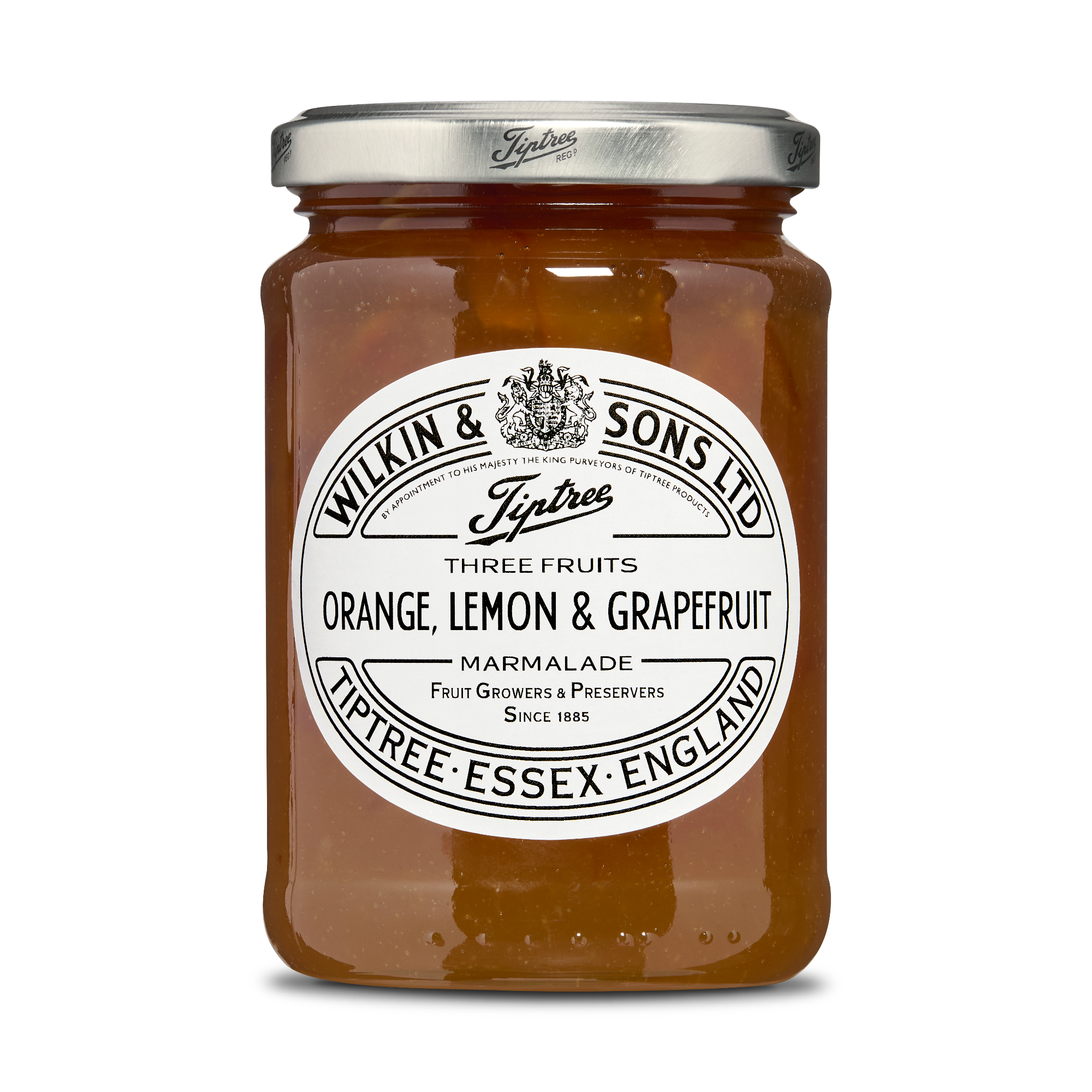 Jar of Tiptree Three Fruits marmalade with a white label on a white background