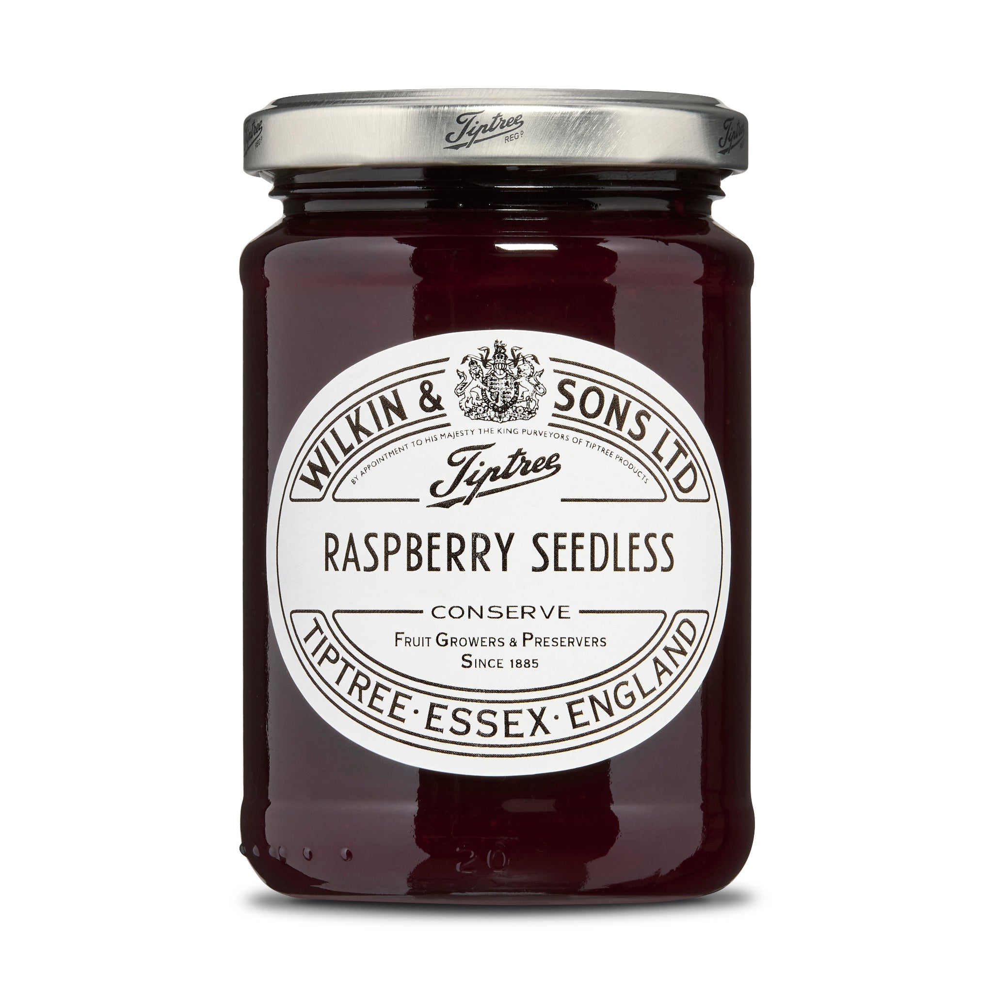 Jar of raspberry seedless conserve with a white label on a white background