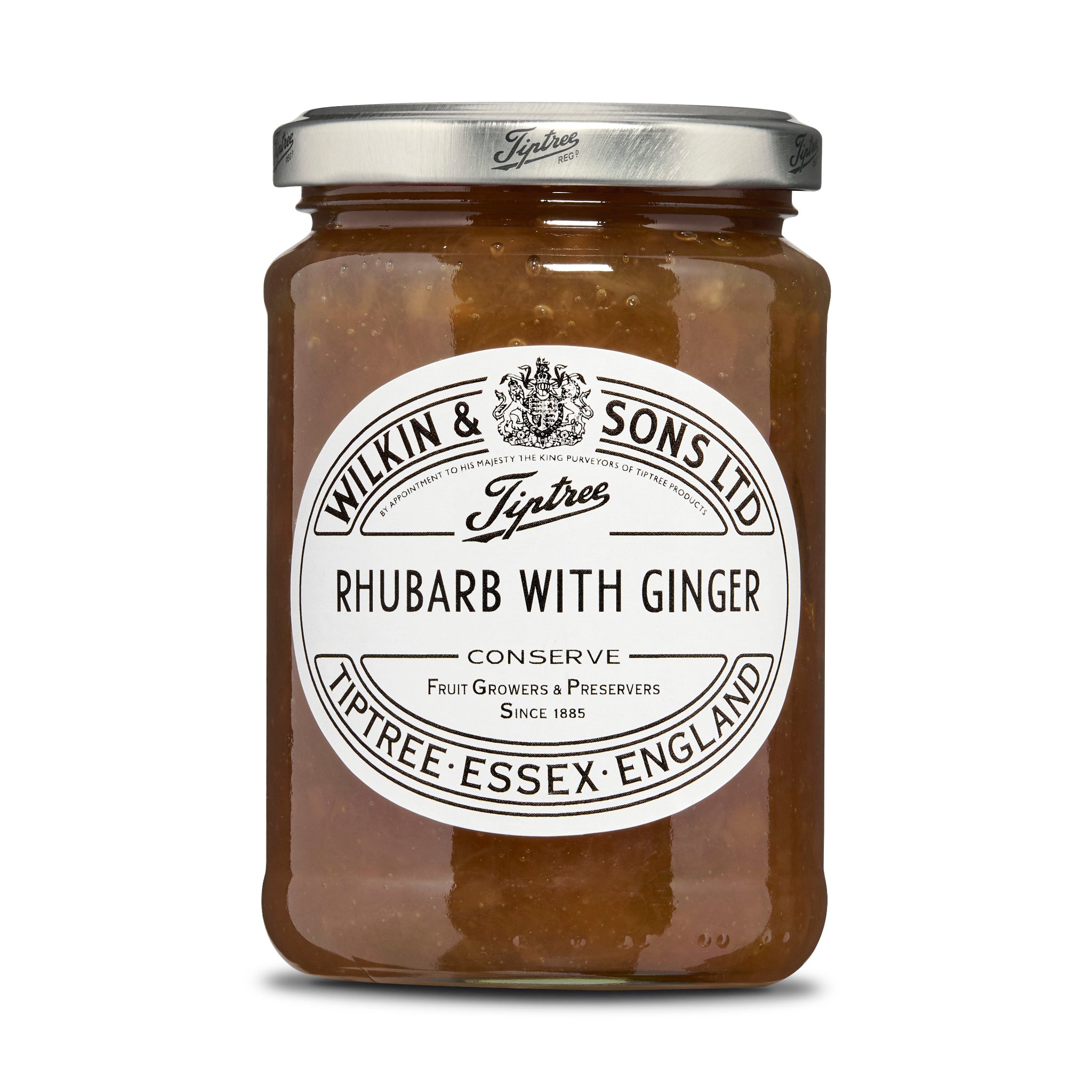 Jar of rhubarb with ginger conserve labeled 'Wilkin & Sons Ltd Tiptree' on a white background