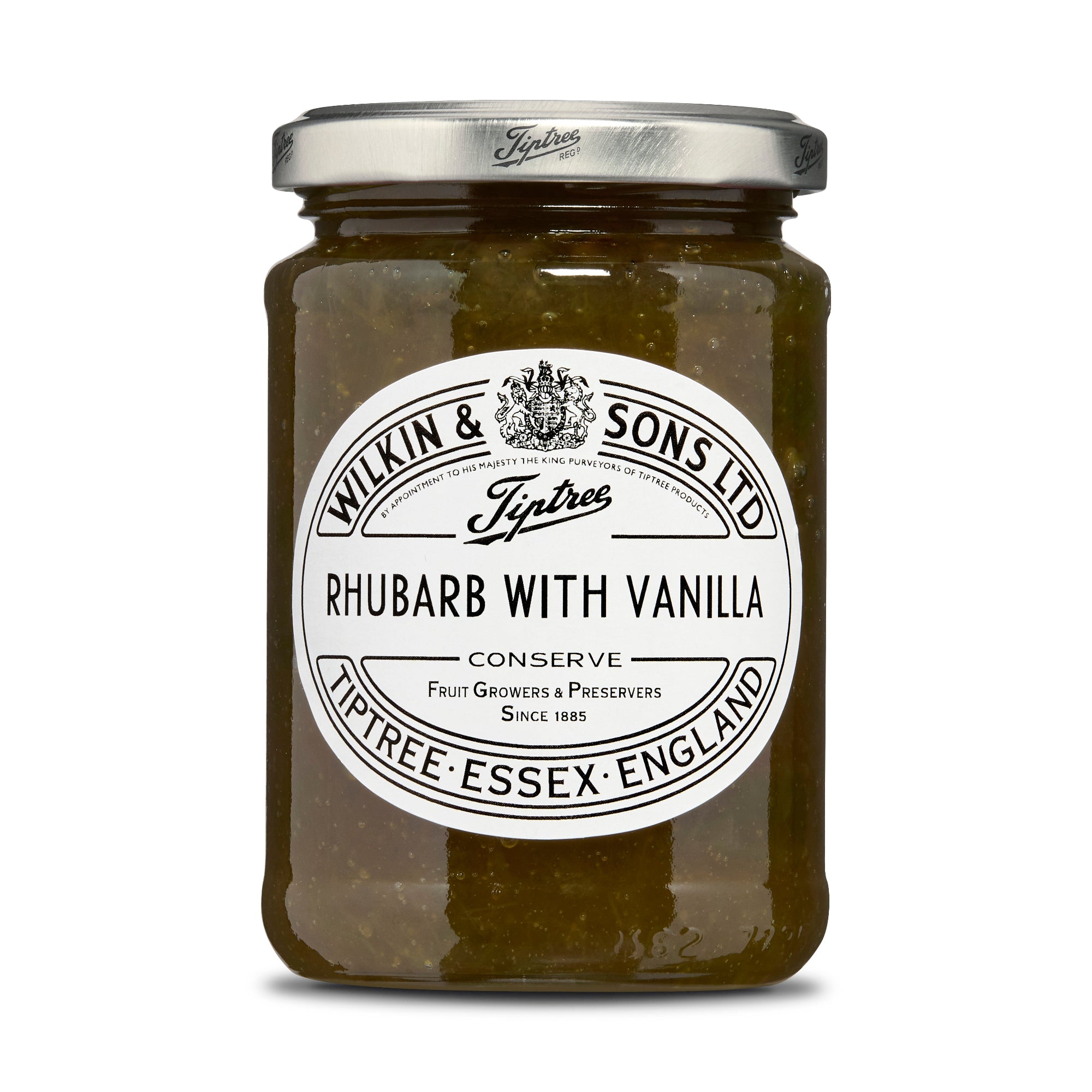 Jar of rhubarb with vanilla conserve from Wilkin & Sons on a white background