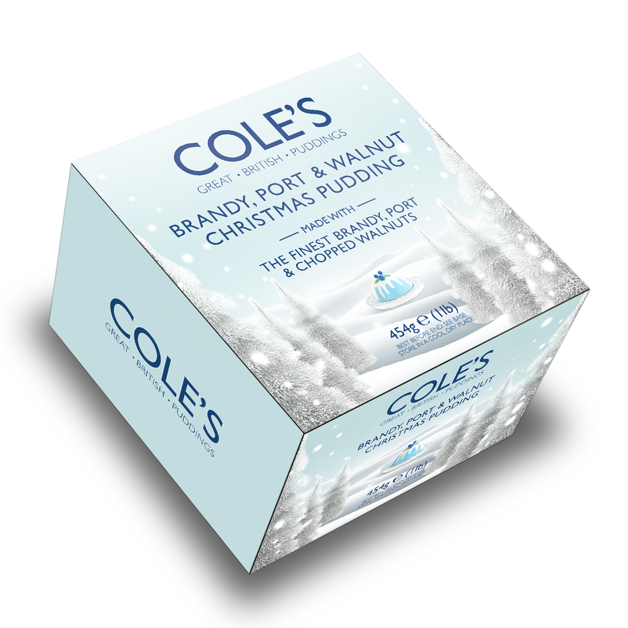 Box of Cole's Brandy, Port & Walnut Christmas Pudding on a white background