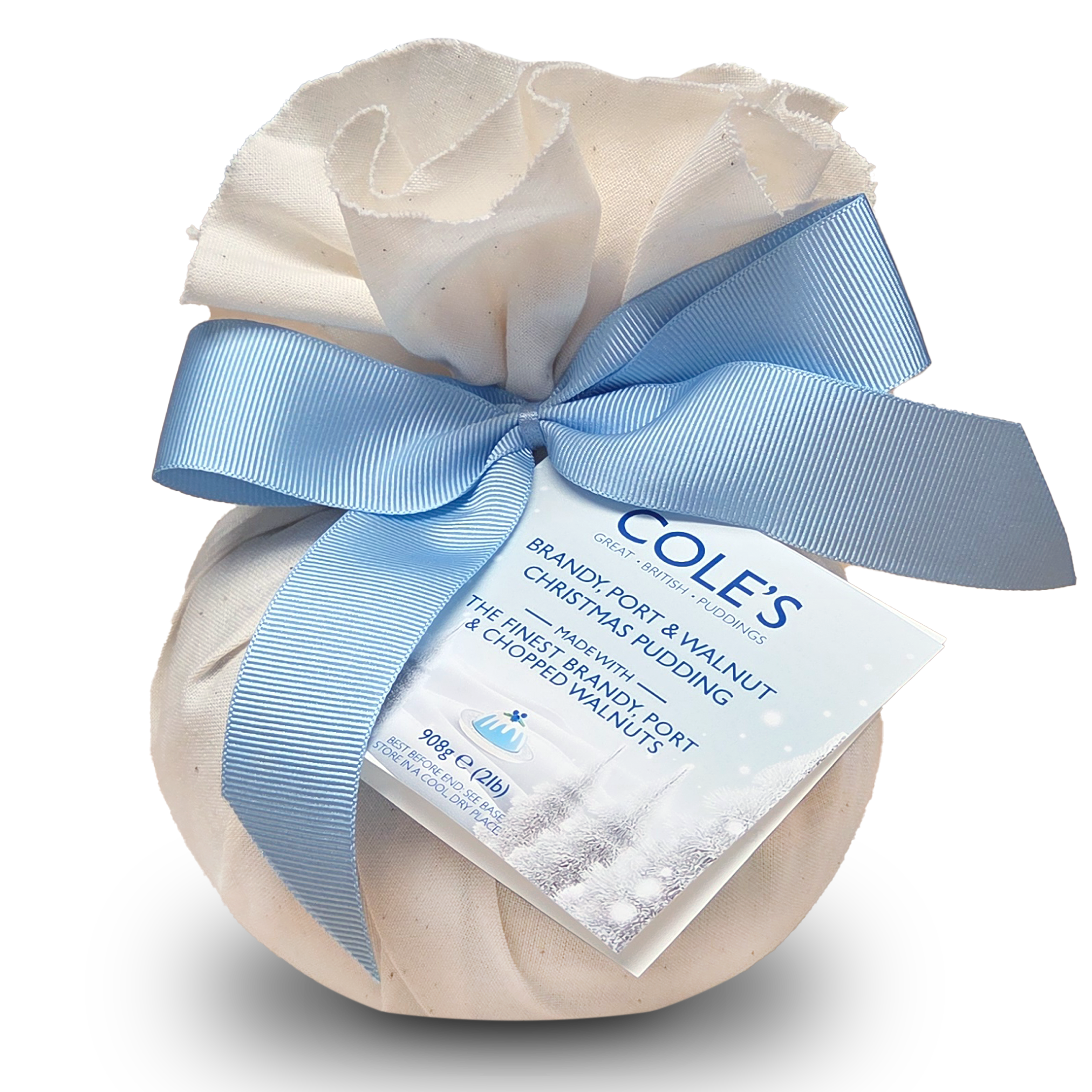 Baked Christmas pudding with a blue ribbon and 'Cole's' label on a white background