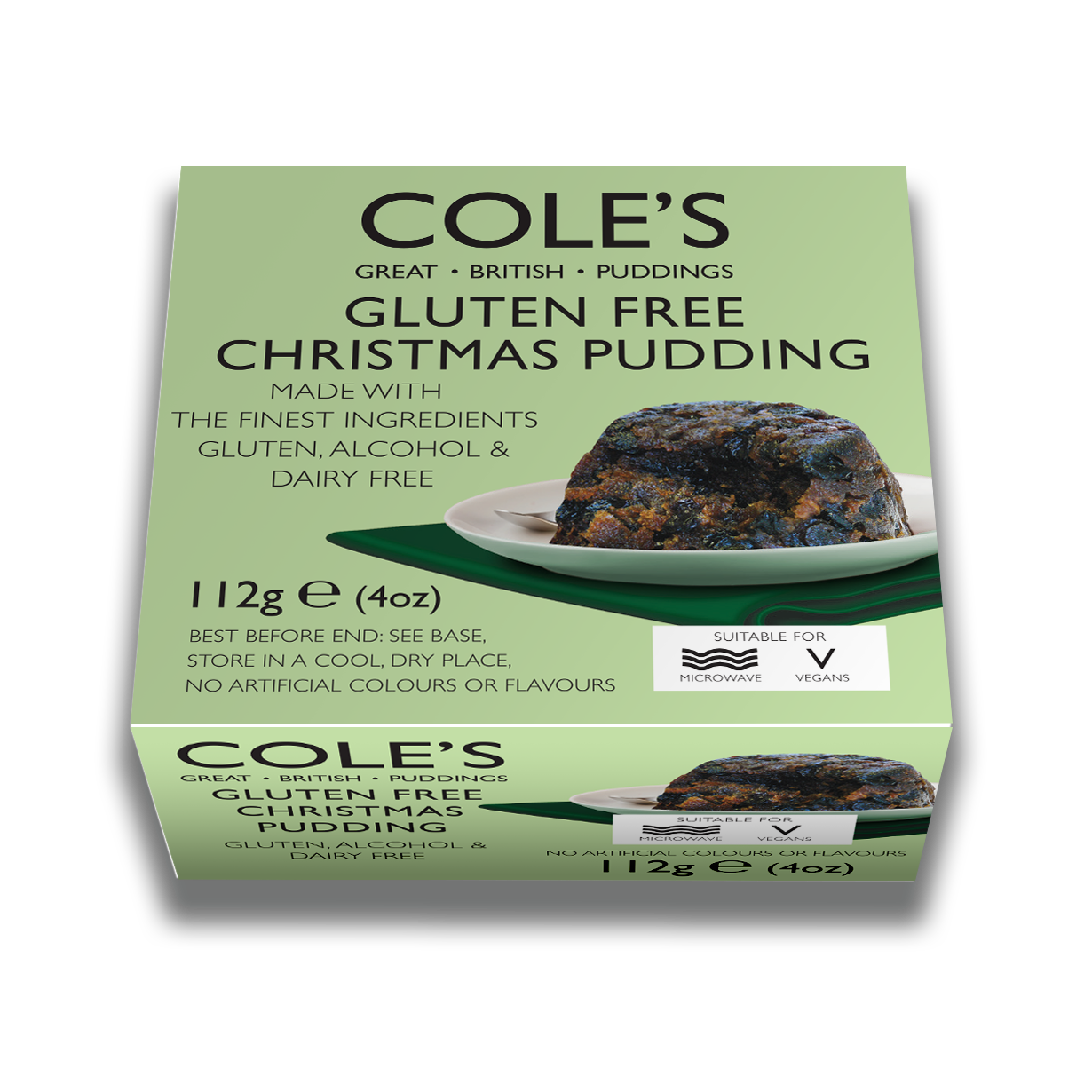Box of Cole's gluten-free Christmas pudding on a white background