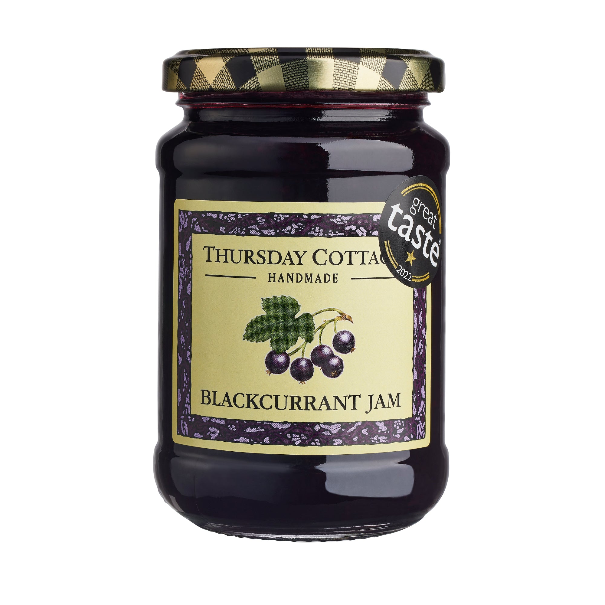 A jar of Thursday Cottage Blackcurrant Jam with a label showing blackcurrants and the text 'handmade blackcurrant jam'.