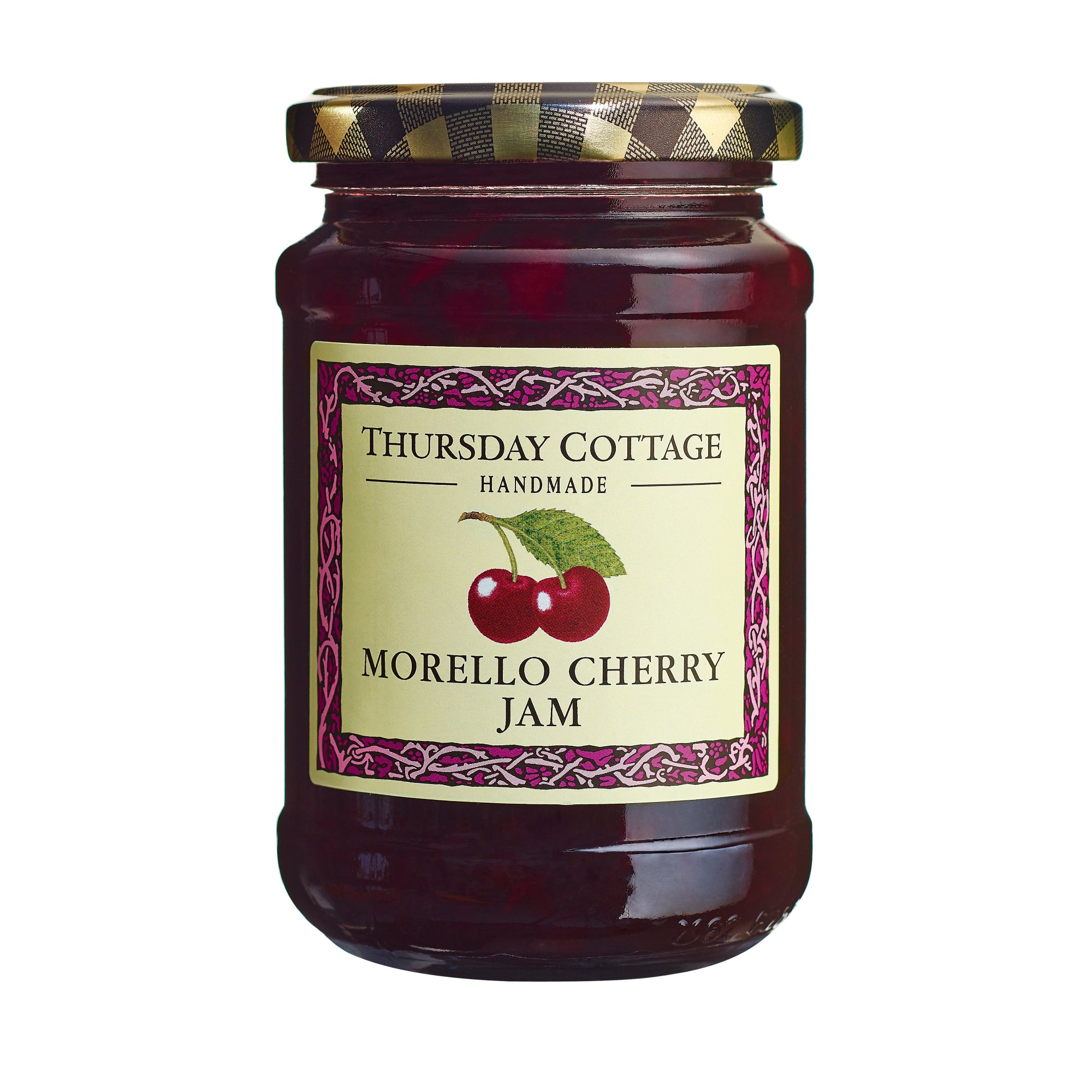 A jar of Thursday Cottage Morello Cherry Jam with a label showing cherries and the brand name.