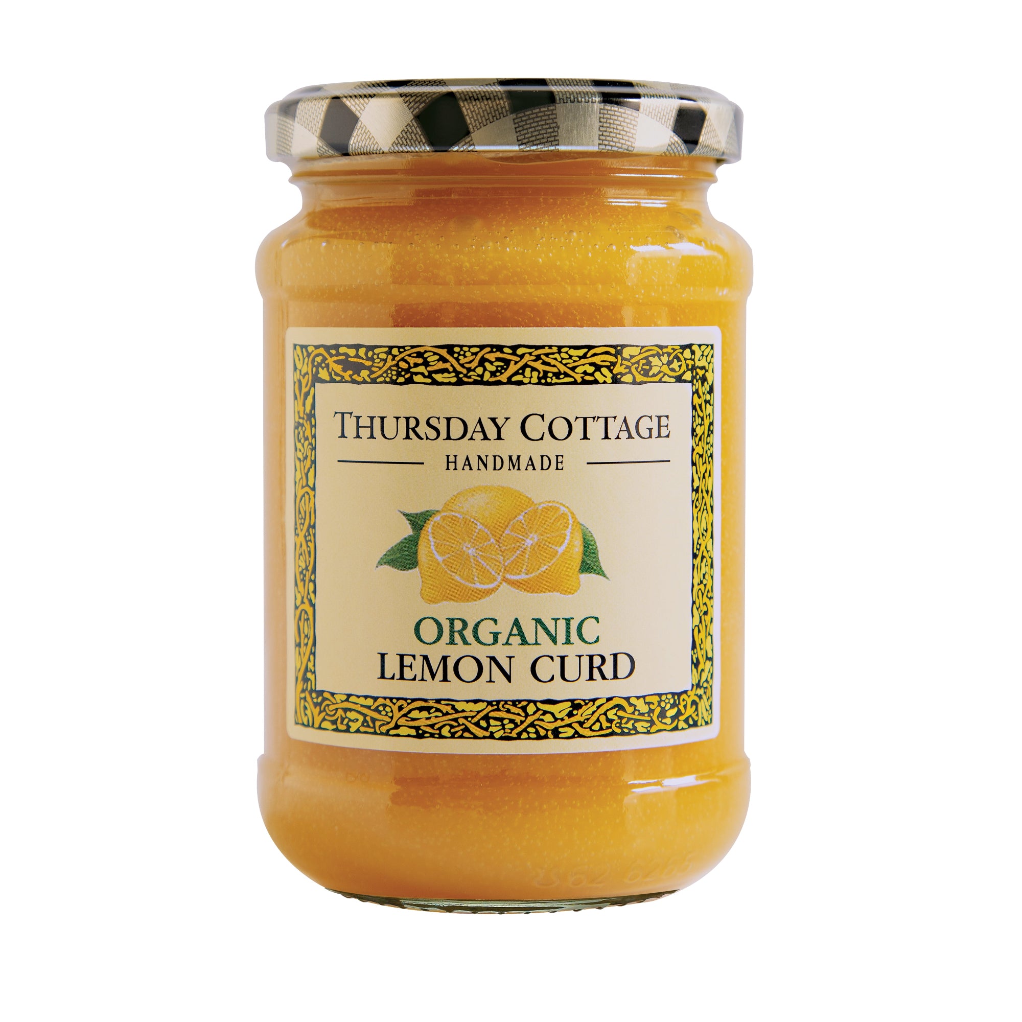 A jar of Thursday Cottage organic Lemon Curd, with a label showing a picture of lemons.