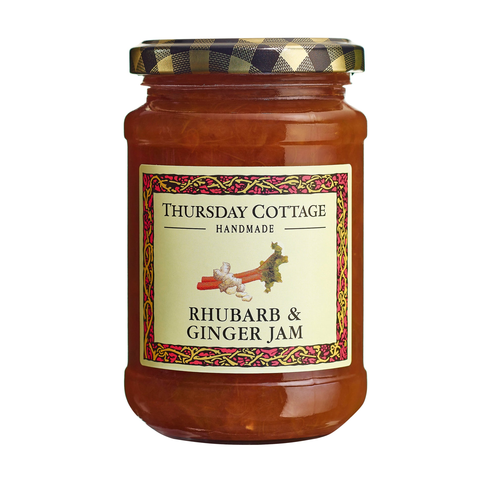 A jar of Thursday Cottage Rhubarb & Ginger Jam with a label showing the brand name and the flavor. The jar is sealed with a checkered lid.