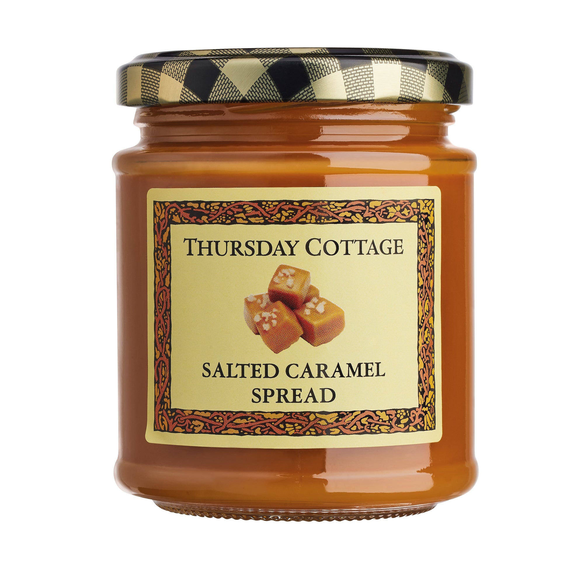 A jar of Thursday Cottage Salted Caramel spread on a white background