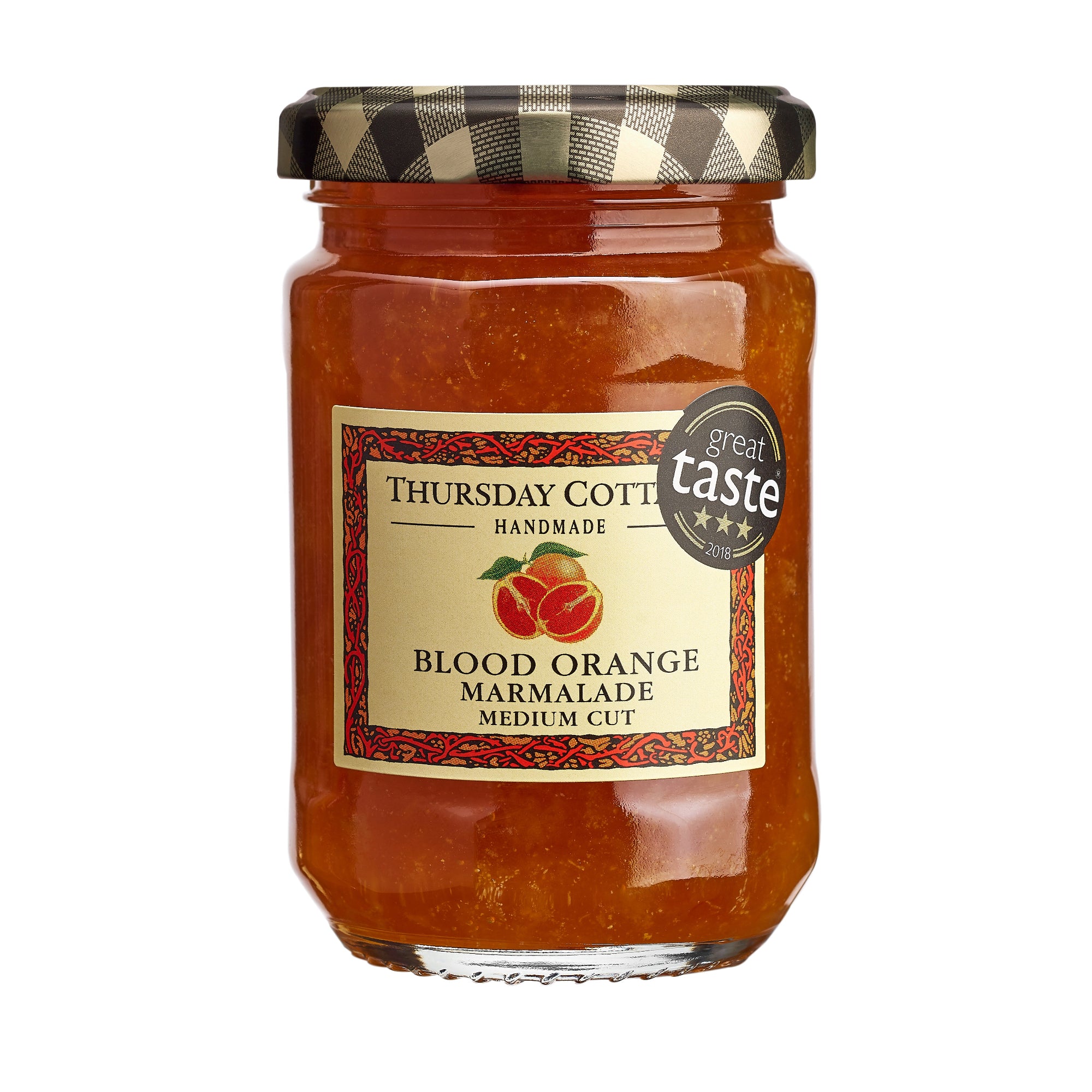 A jar of Thursday Cottage Blood Orange Marmalade with a label showing the great taste awards badge and a picture of blood oranges. The jar is sealed with a checkered black and white lid.