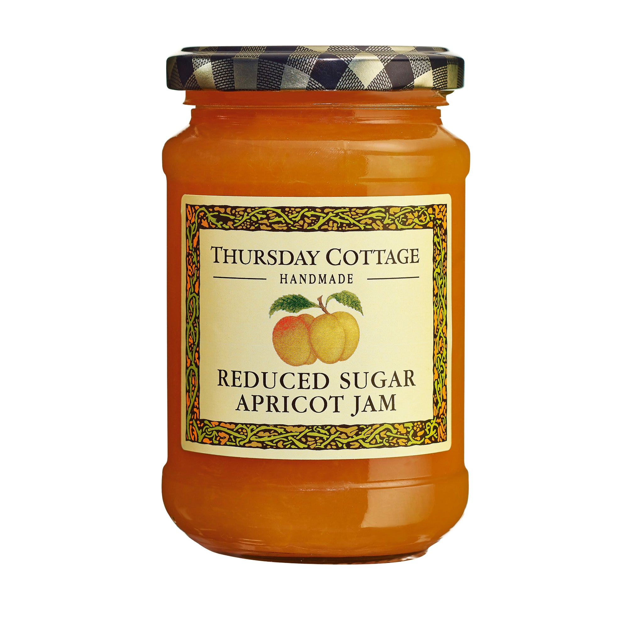A jar of Thursday Cottage reduced sugar apricot jam with a label showing apricot illustrations. The jar is sealed with a checkered lid.