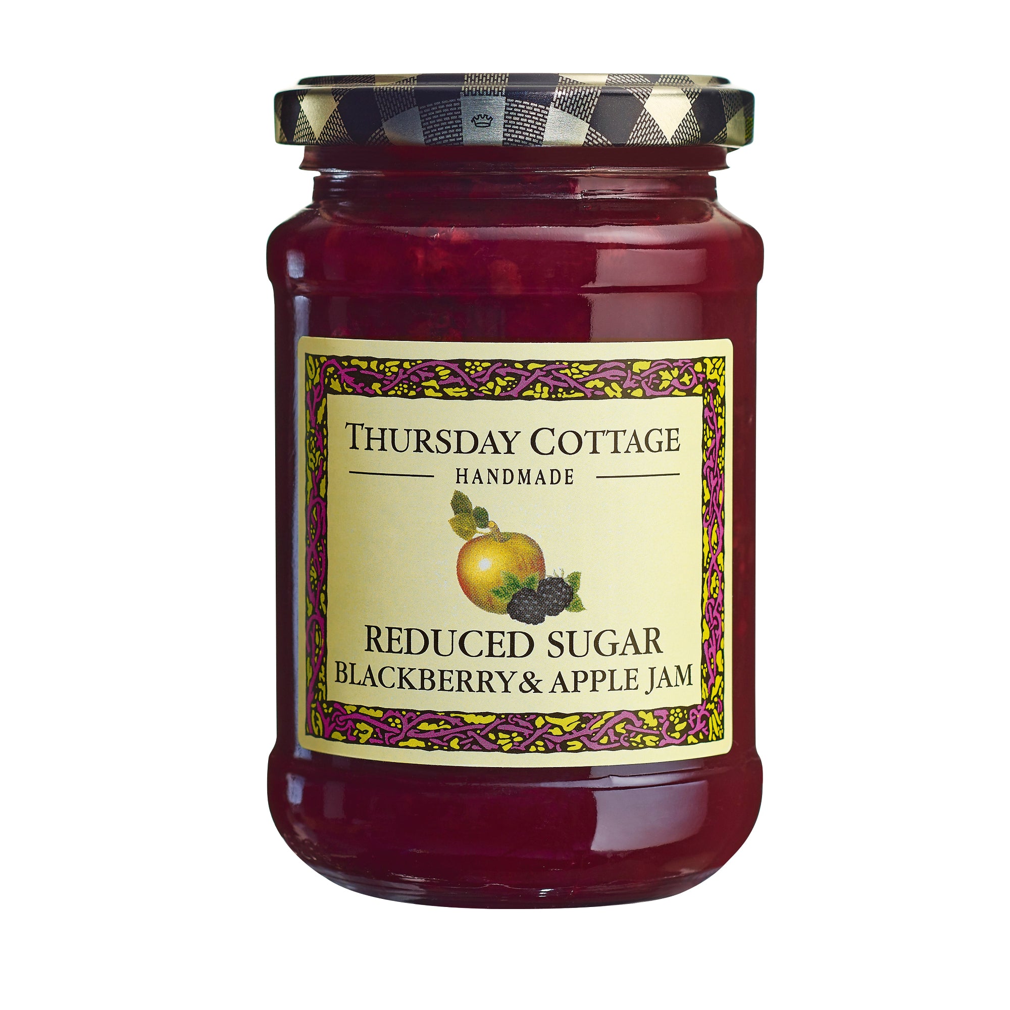 A jar of Thursday Cottage reduced sugar blackberry and apple jam with a label showing a picture of blackberries and an apple.