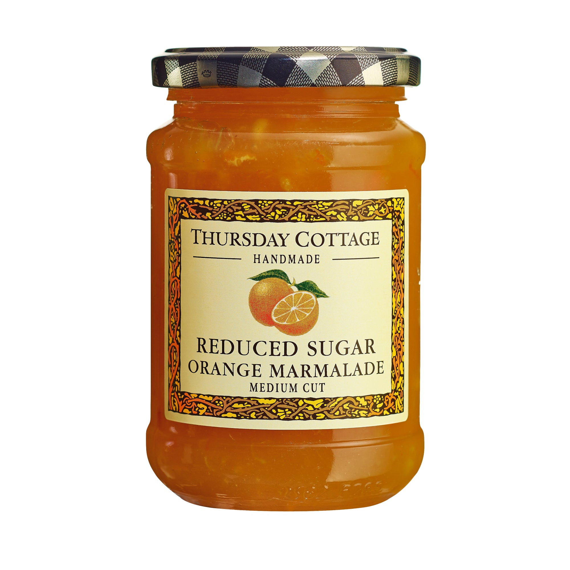 A jar of Thursday Cottage Reduced Sugar Orange Marmalade with a label showing a picture of an orange. The marmalade is medium cut and the jar is sealed with a metal lid.