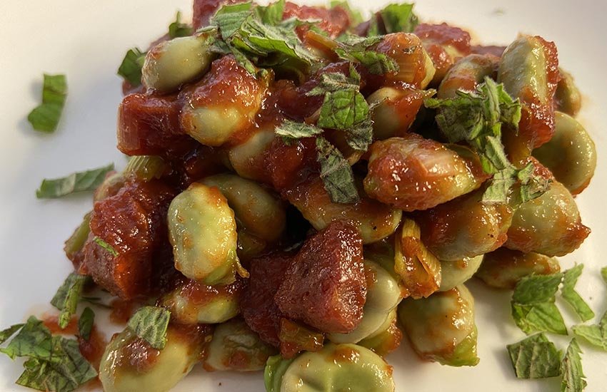 broad bean and chorizo with tiptree tomato ketchup