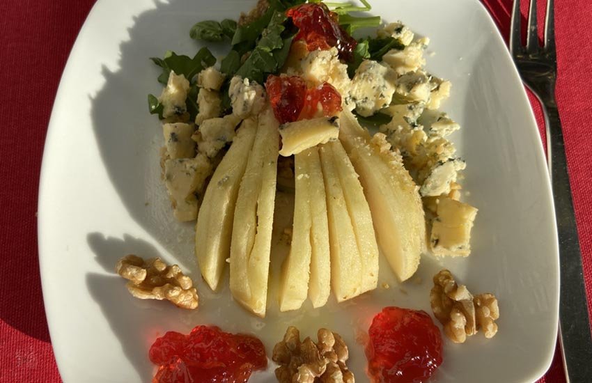 pear, stilton, walnut and crab apple salad