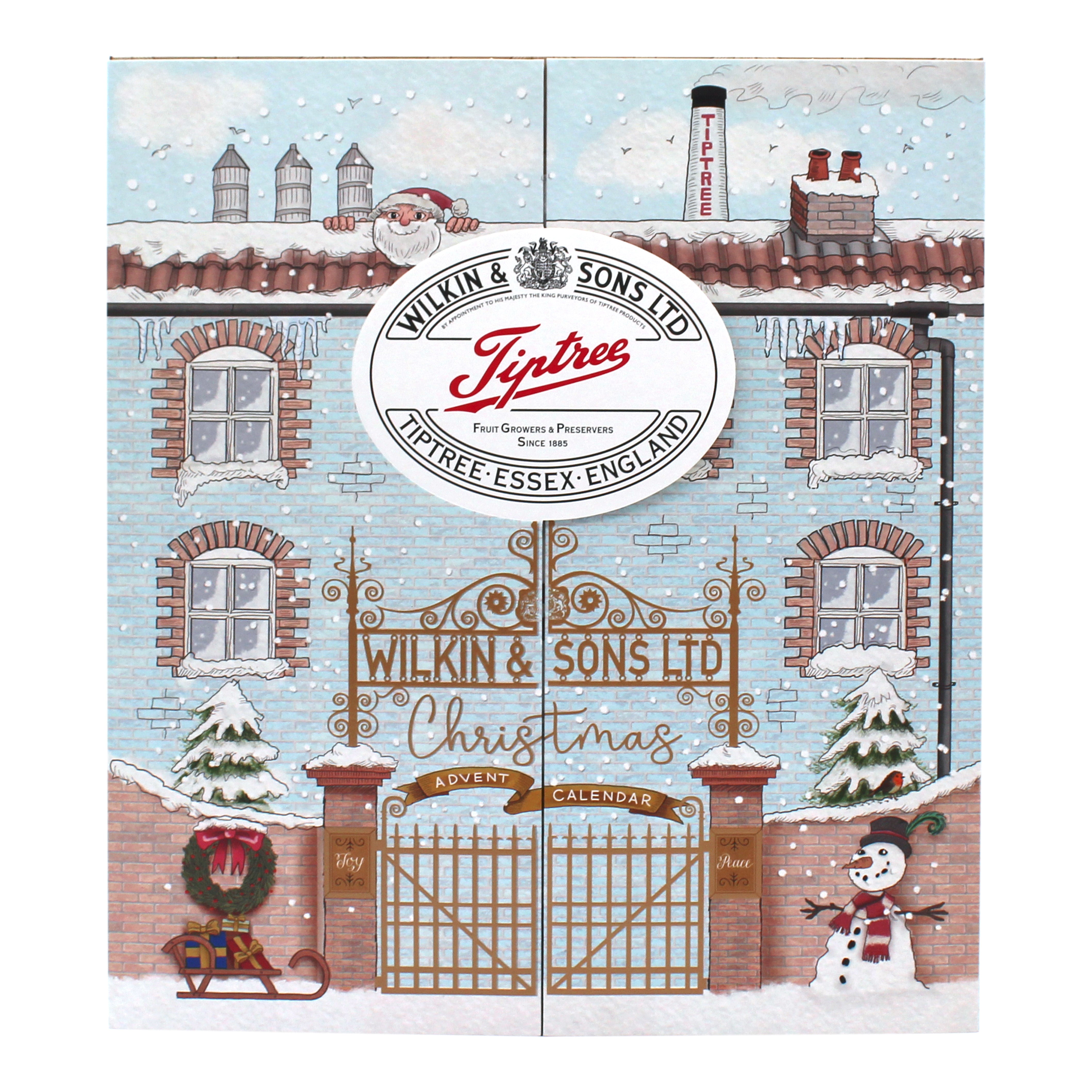 Wilkin & Sons Ltd Tiptree Christmas Advent Calendar cover, featuring an illustrated light blue brick building with snow, a large ornate gate, a Santa figure on the roof, evergreen trees, a wreath, and a snowman.