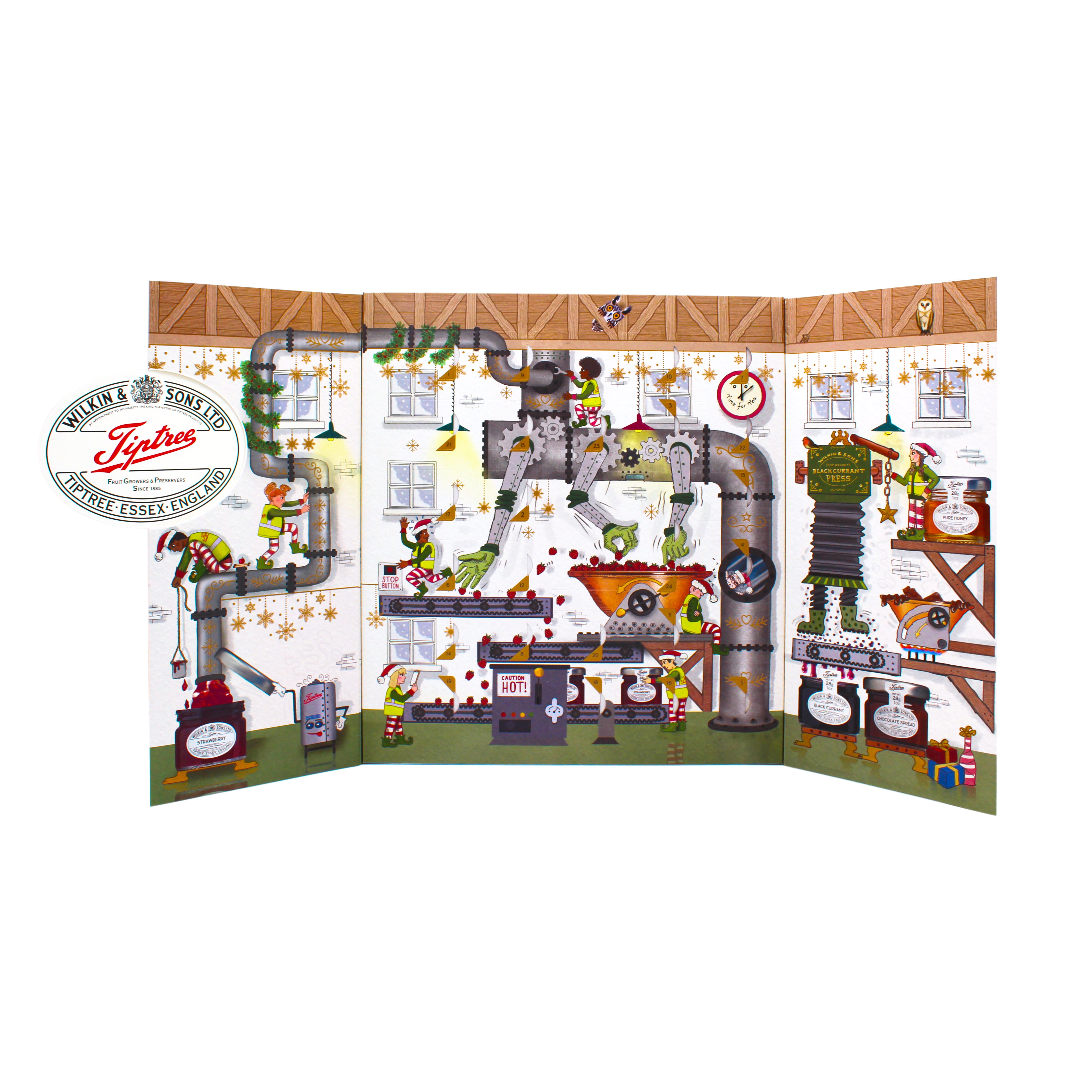 An Advent Calendar illustrated to show a whimsical factory scene with workers, pipes, machinery, and labels. The design includes the visible brand text 'Wilkin & Sons' and 'Tiptree' in an oval logo on the left side.