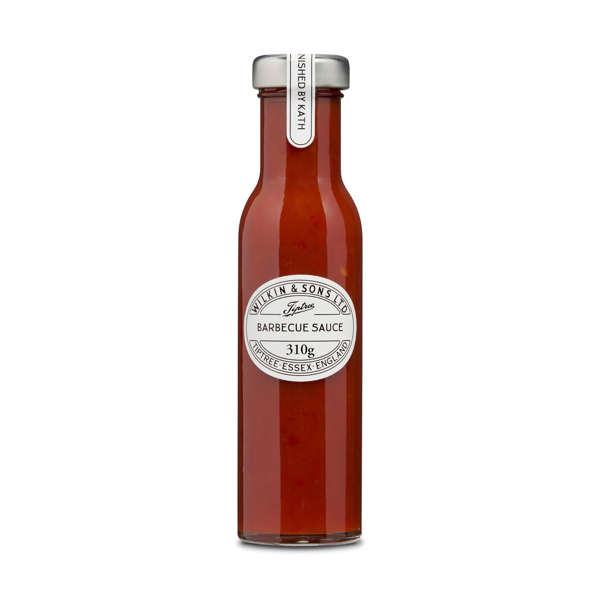 Bottle of Tiptree barbecue sauce with a label on a white background