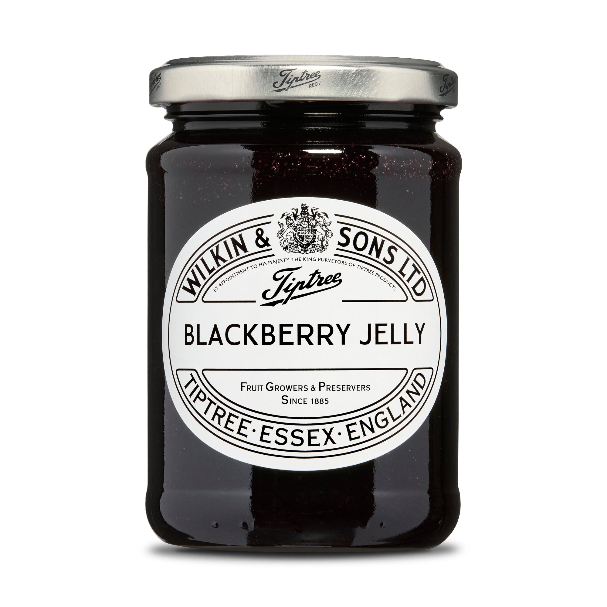 Jar of Tiptree Blackberry Jelly on a white background