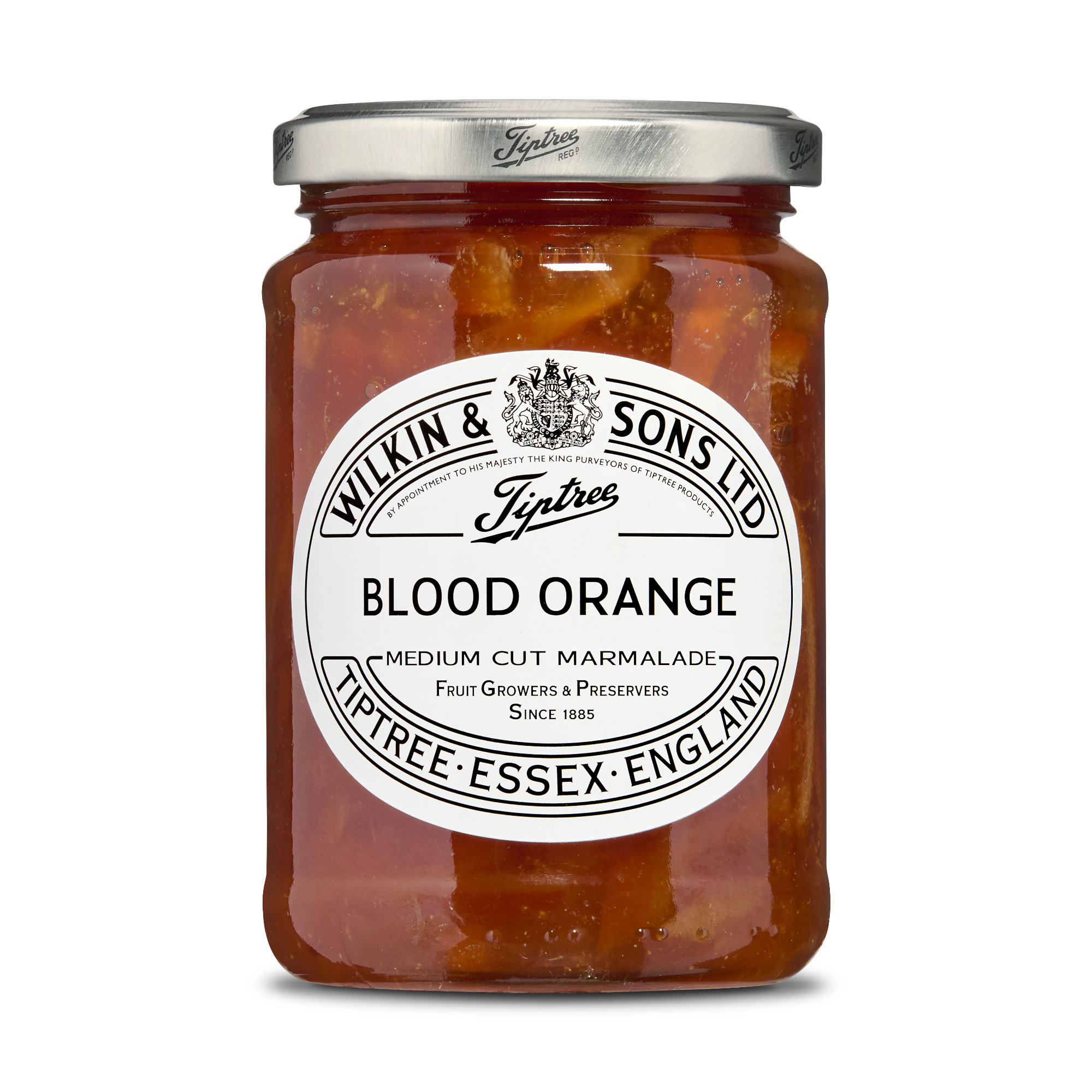 Jar of Wilkin & Sons Tiptree Blood Orange Marmalade on a white background