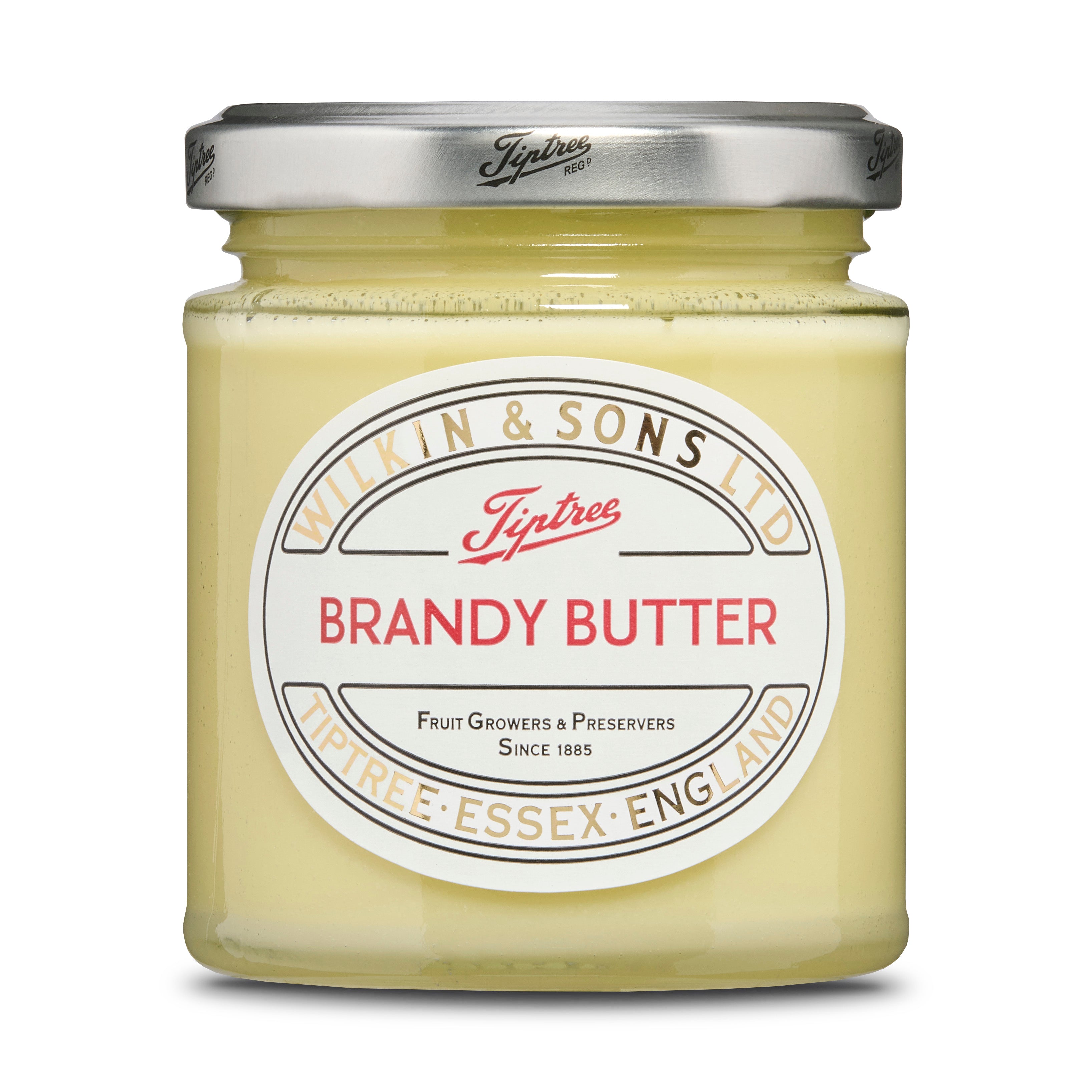 Jar of Tiptree Brandy Butter on a white background