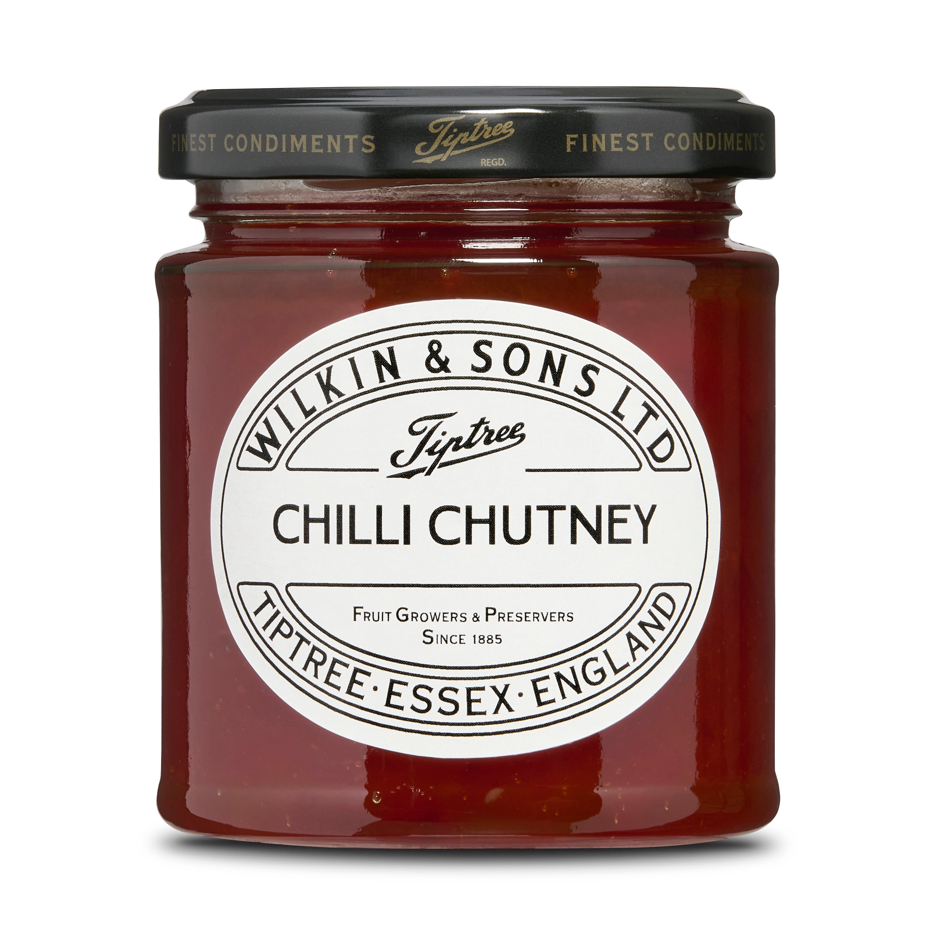 Jar of Tiptree Chilli Chutney with a white label on a white background