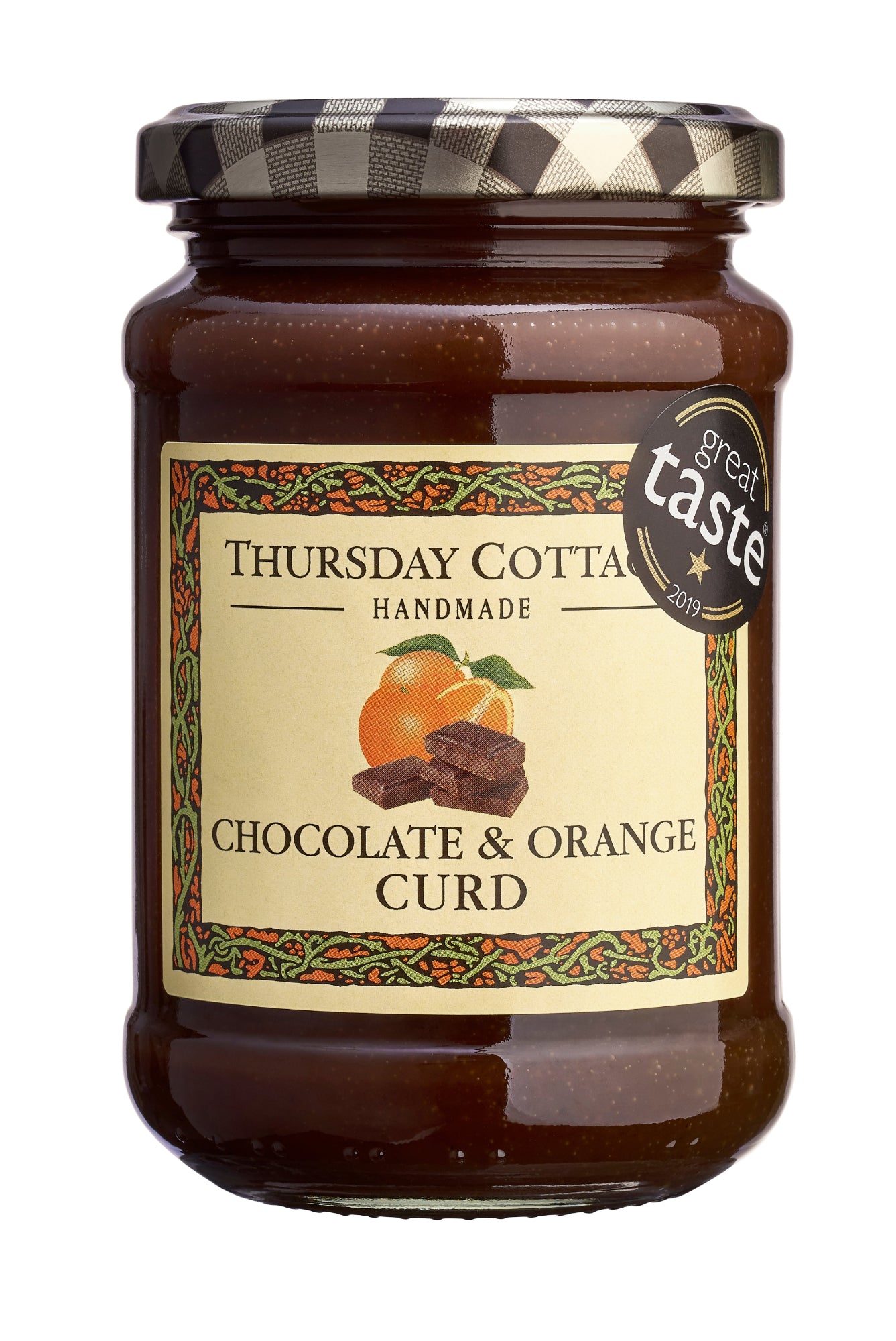 A jar of Thursday Cottage handmade chocolate and orange curd, with the label displaying the product name and the Thursday Cottage brand logo.