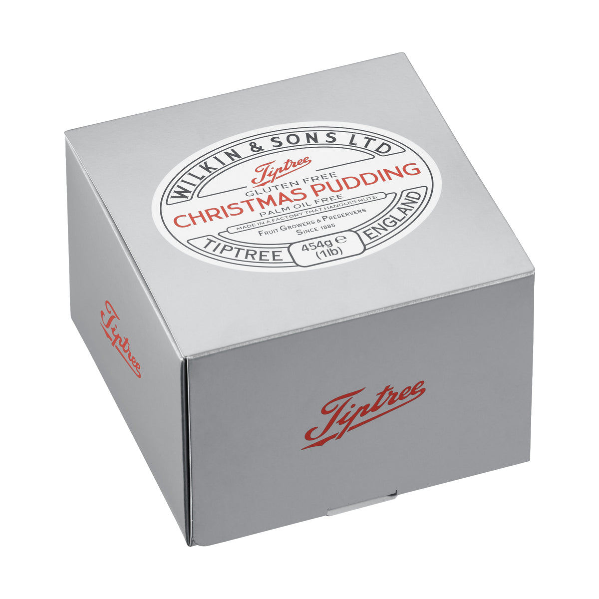 A square silver Tiptree Christmas Pudding box by Wilkin & Sons Ltd, featuring the brand's circular logo on top and red script branding on the side, set against a plain white background.
