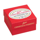 A red square box of Tiptree Christmas Pudding, featuring a white oval label on top and gold lettering on the front, photographed on a clean white background.