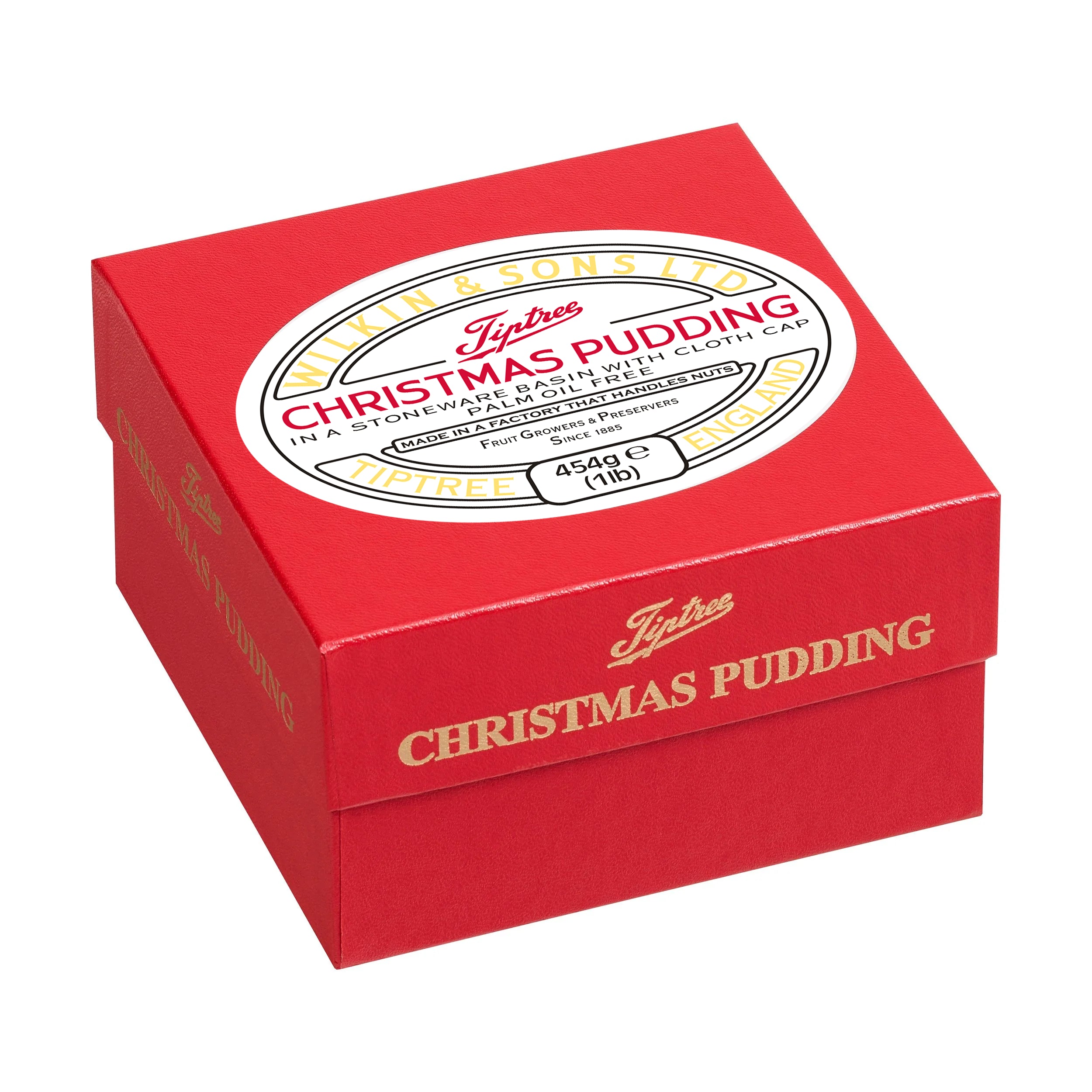 A red square box of Tiptree Christmas Pudding, featuring a white oval label on top and gold lettering on the front, photographed on a clean white background.