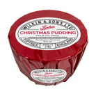 A wrapped Christmas pudding from Wilkin & Sons Ltd, Tiptree, with a glossy red wrapper and white labels on a plain white background.