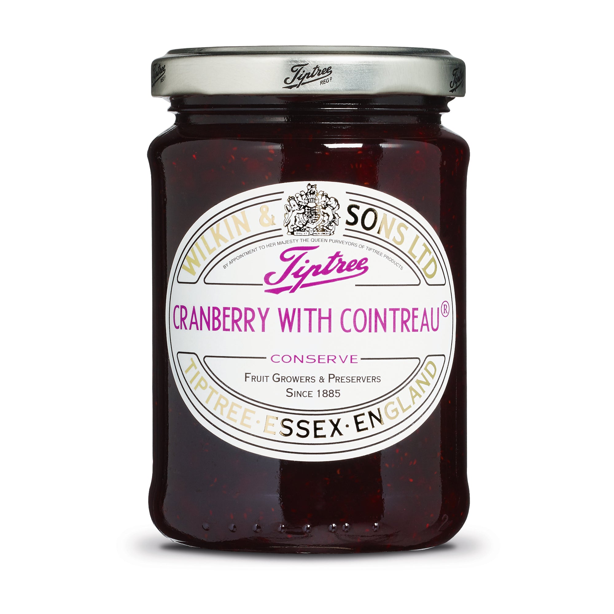 Jar of Tiptree Cranberry with Cointreau Conserve on a white background