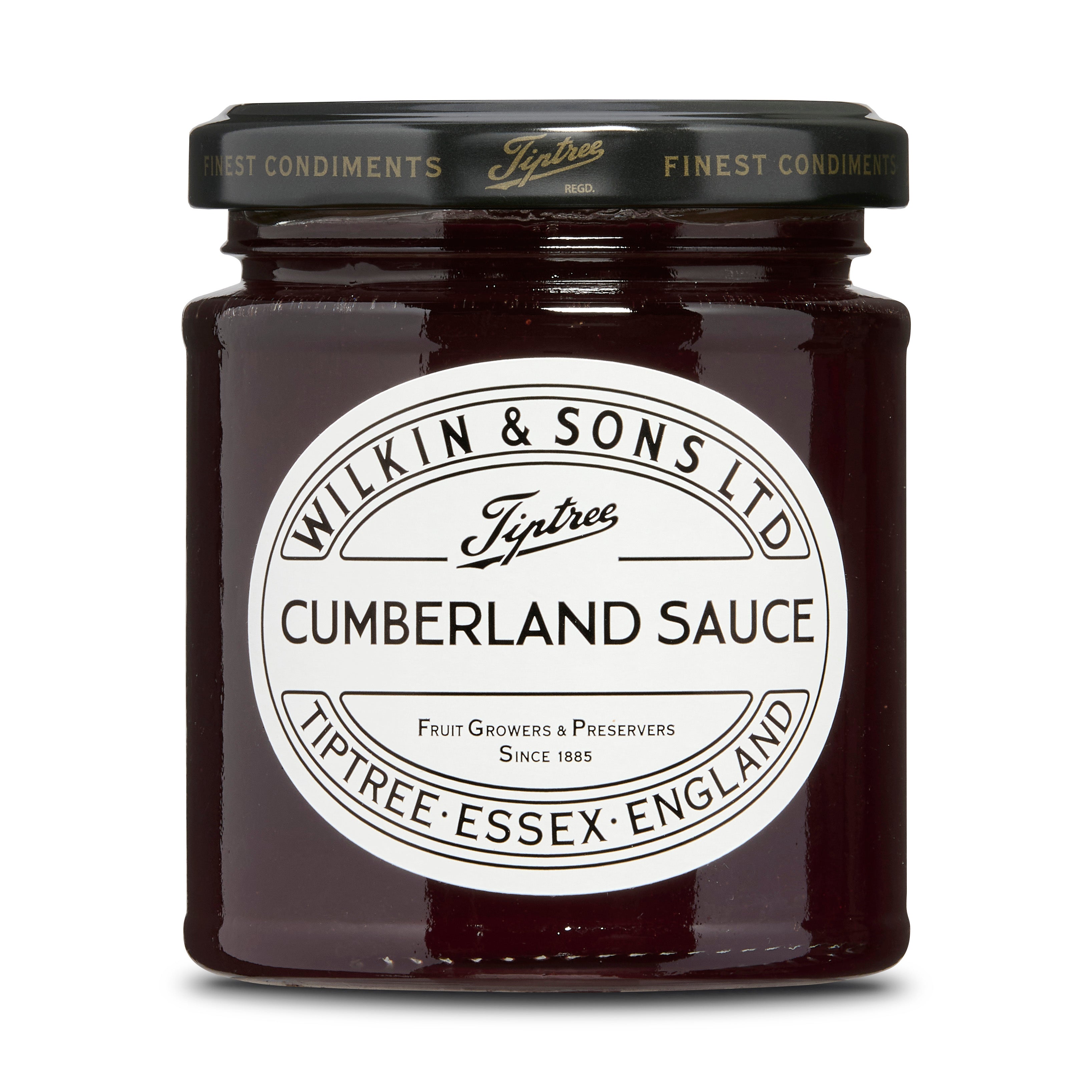 Jar of Tiptree Cumberland Sauce with a white label on a white background