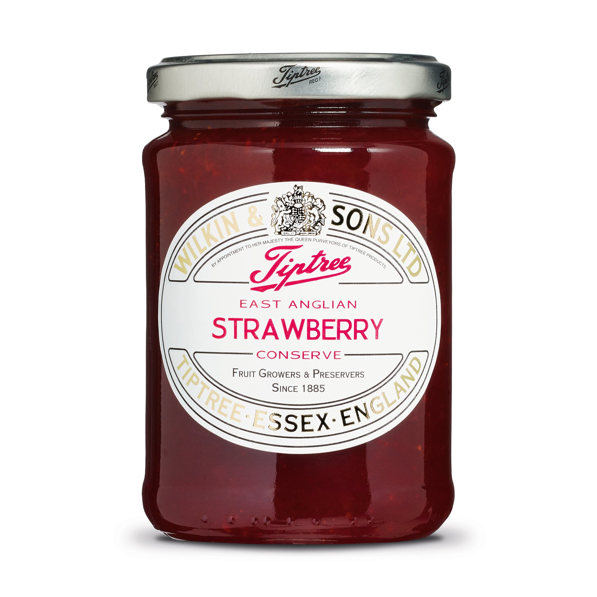 Jar of Tiptree locally grown east anglian strawberry conserve on a white background