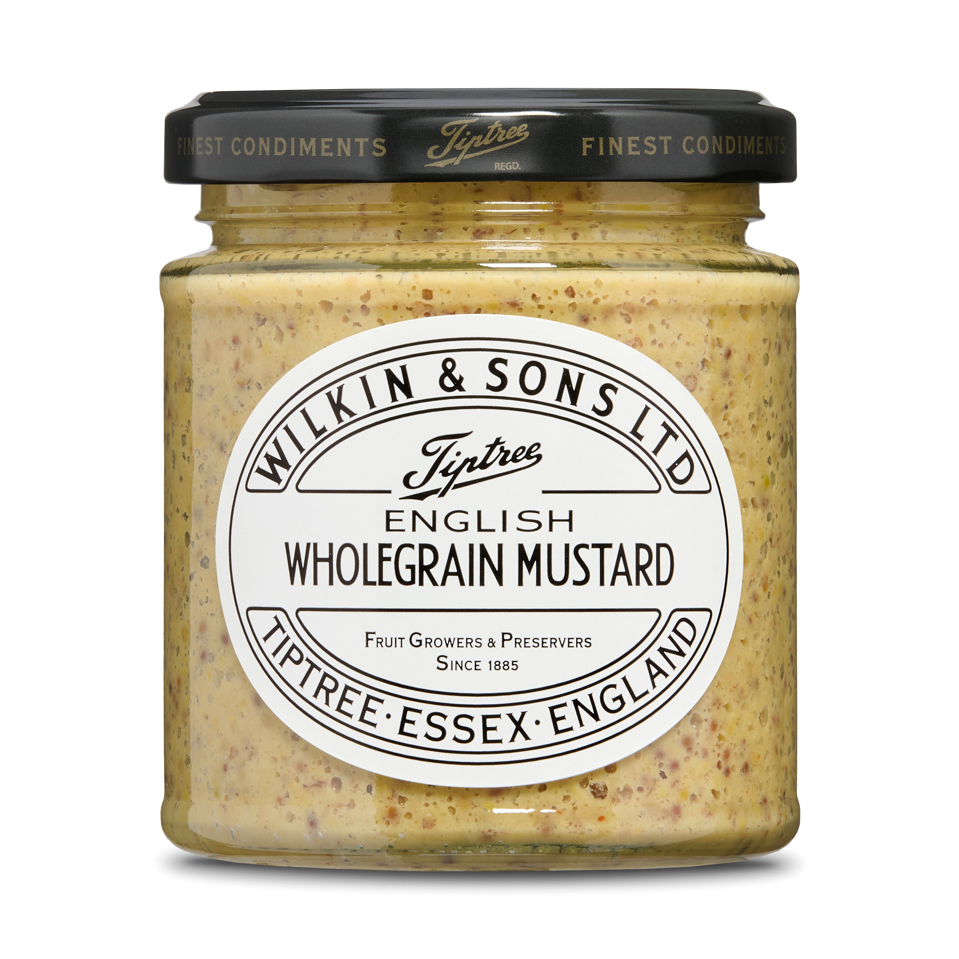Jar of English wholegrain mustard with Tiptree label on a white background