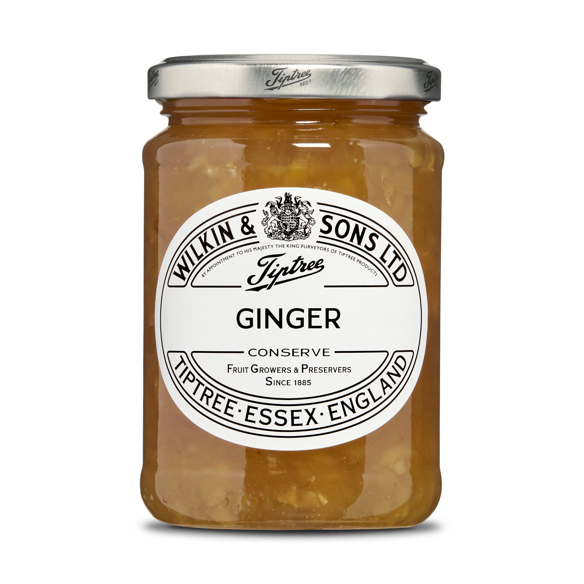 Jar of ginger conserve with a white label on a white background